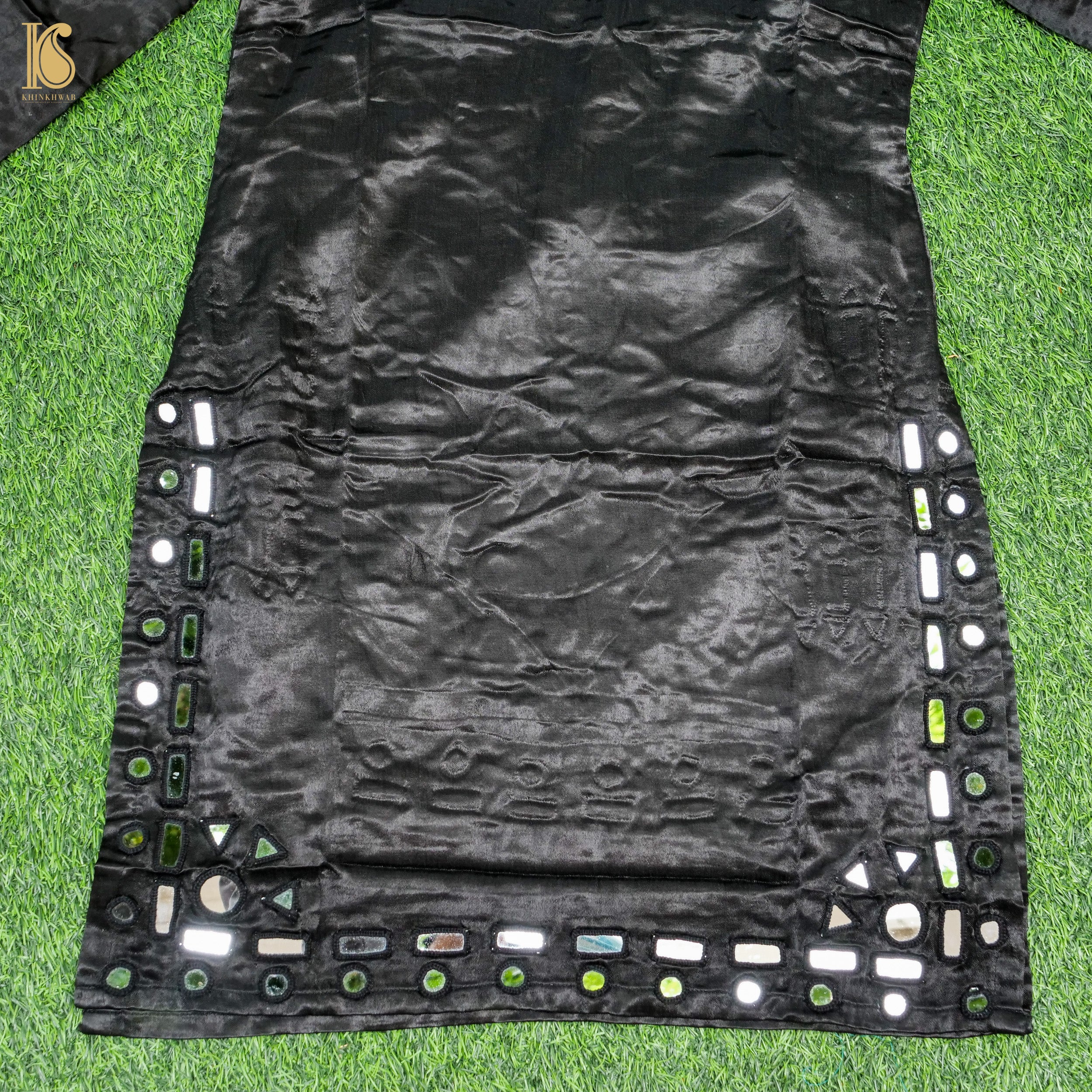 Black Pure Mashru Silk Stitched Kurta with Mirror Work - Khinkhwab