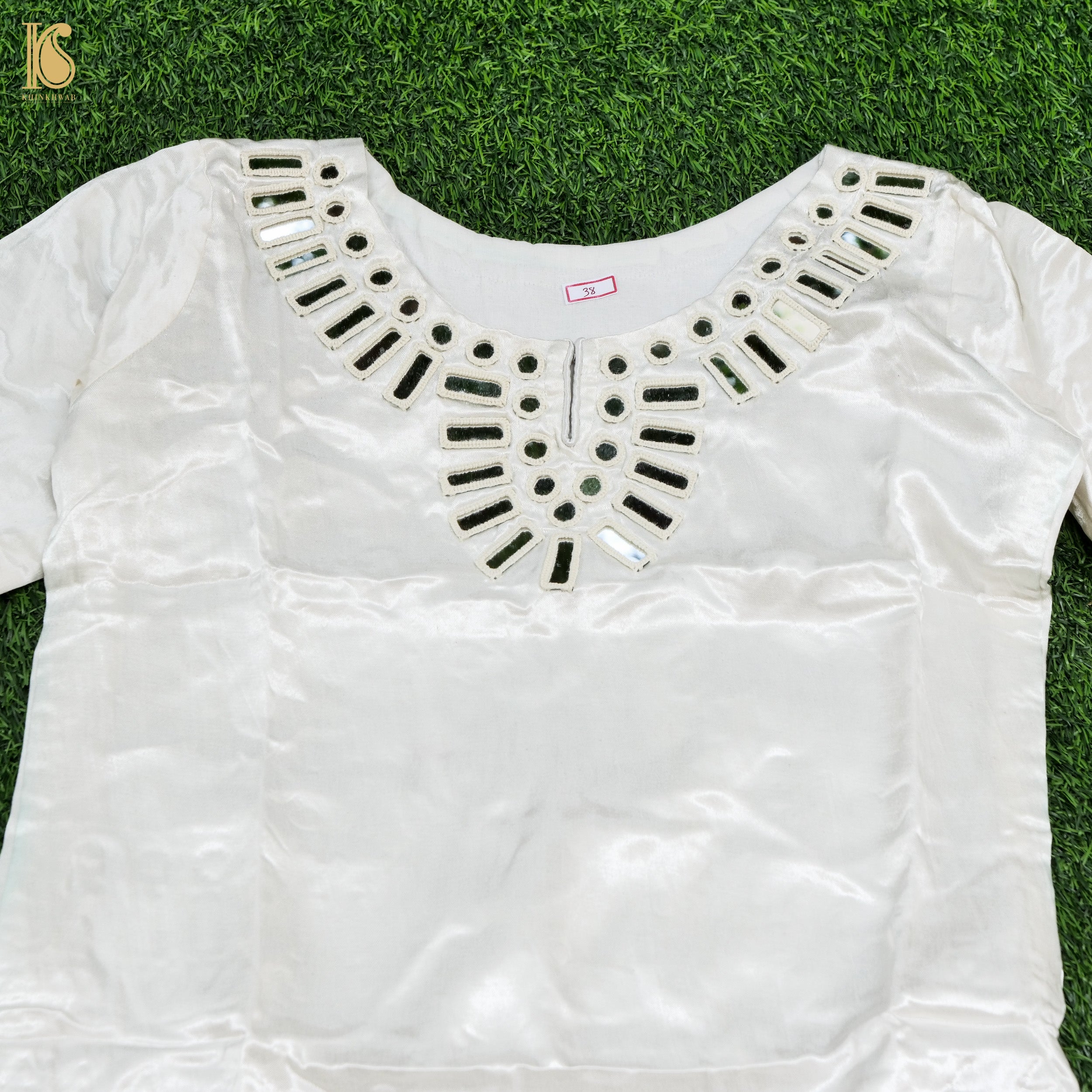 White Pure Mashru Silk Stitched Kurta with Mirror Work - Khinkhwab