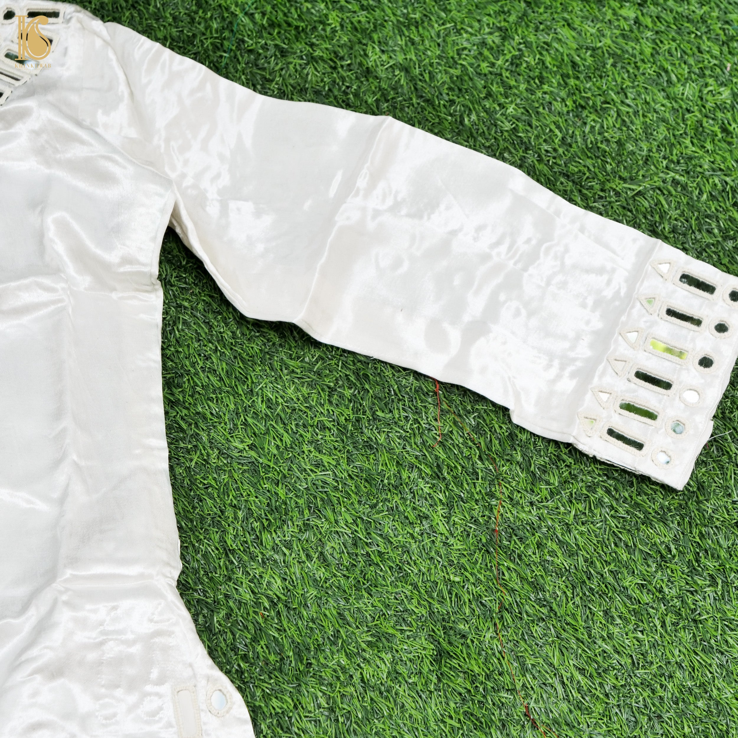 White Pure Mashru Silk Stitched Kurta with Mirror Work - Khinkhwab