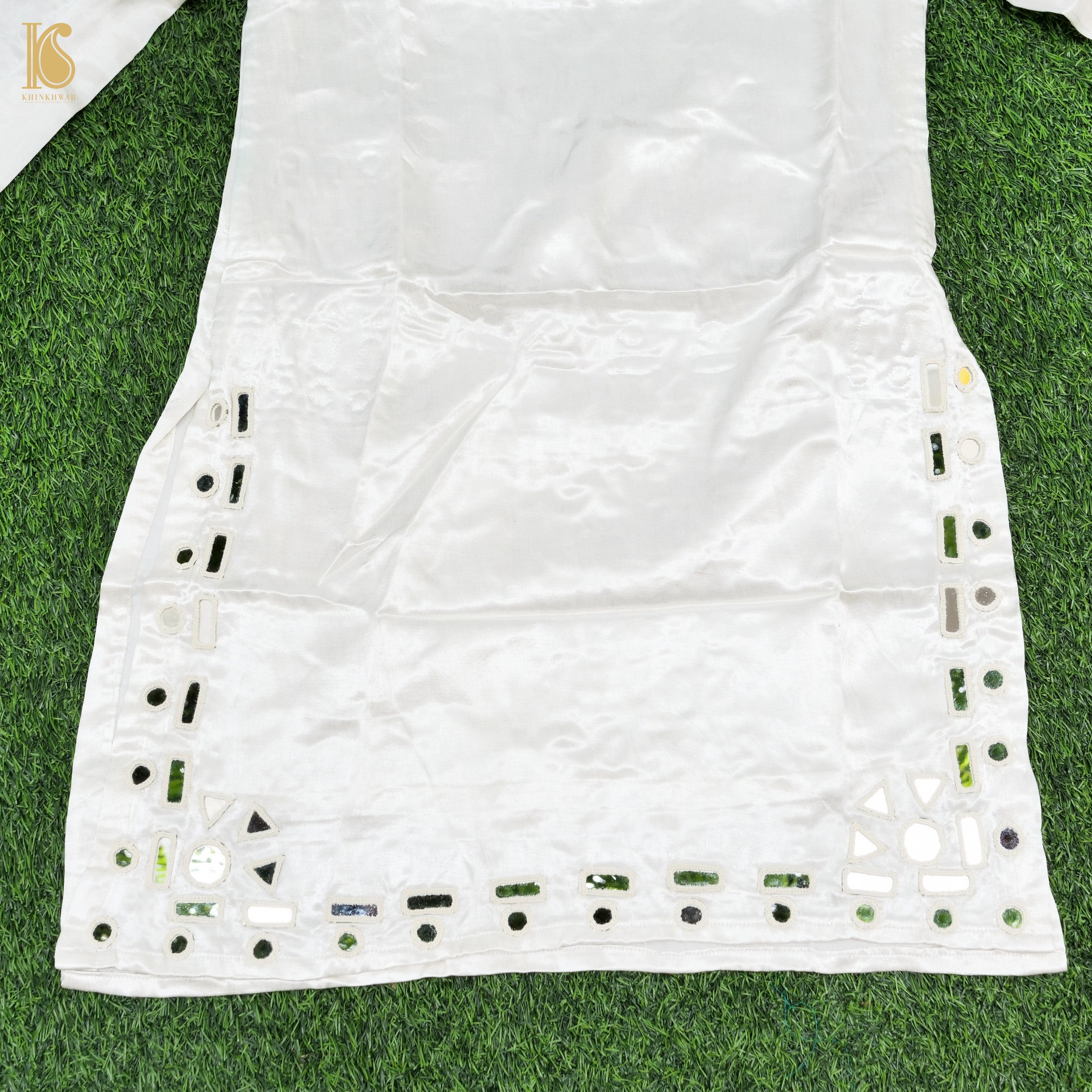 White Pure Mashru Silk Stitched Kurta with Mirror Work - Khinkhwab
