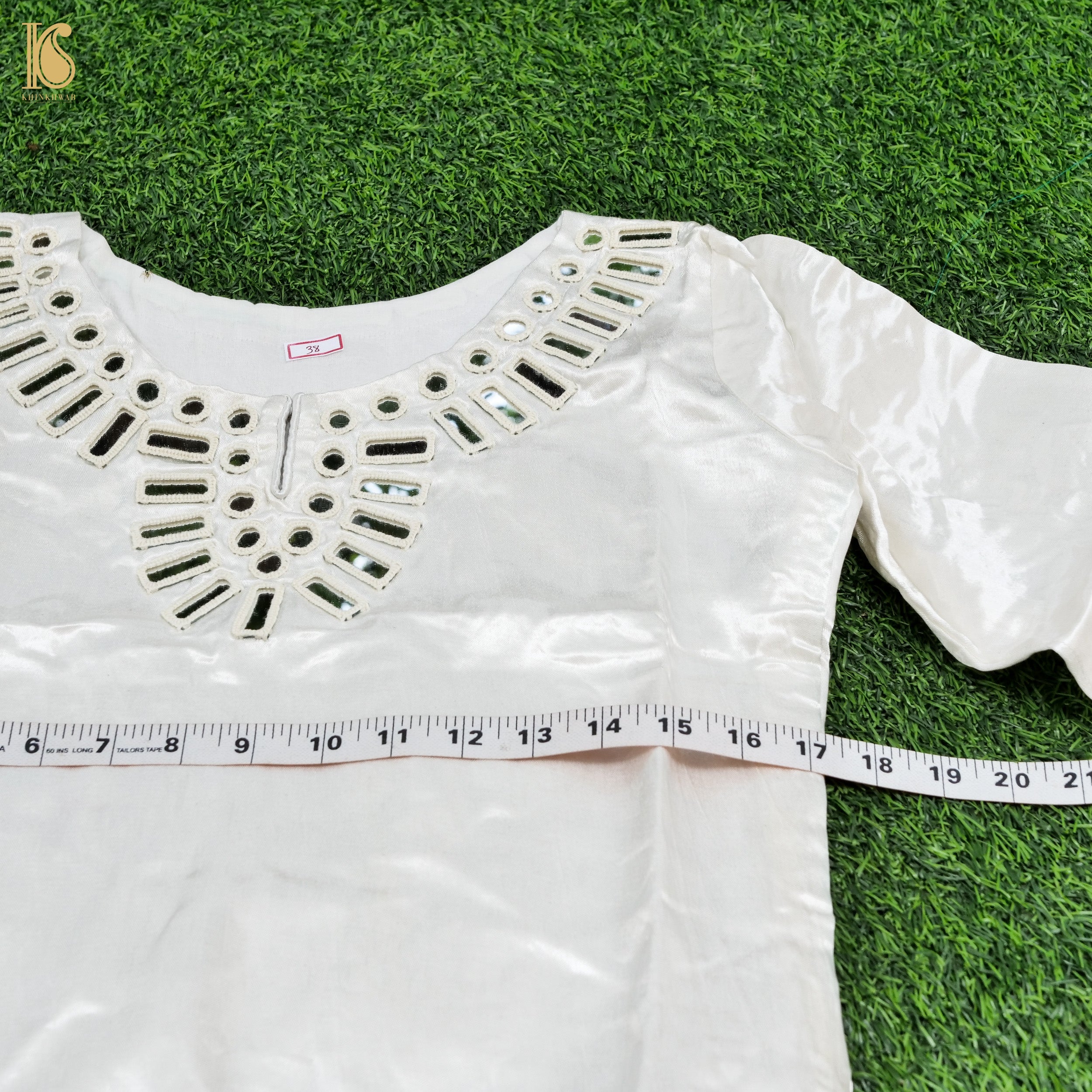 White Pure Mashru Silk Stitched Kurta with Mirror Work - Khinkhwab