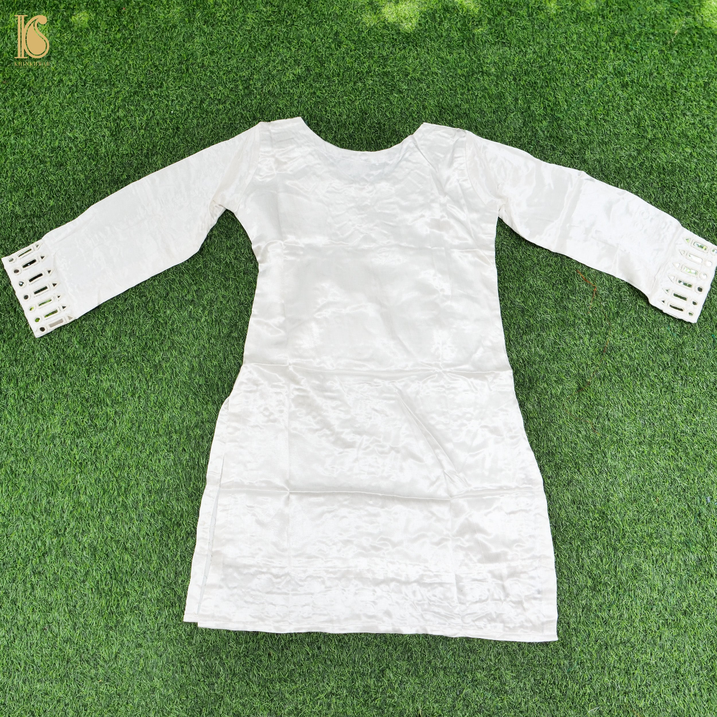 White Pure Mashru Silk Stitched Kurta with Mirror Work - Khinkhwab