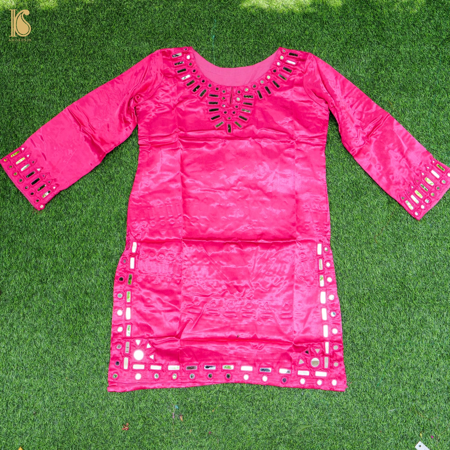 Pink Pure Mashru Silk Stitched Kurta with Mirror Work - Khinkhwab