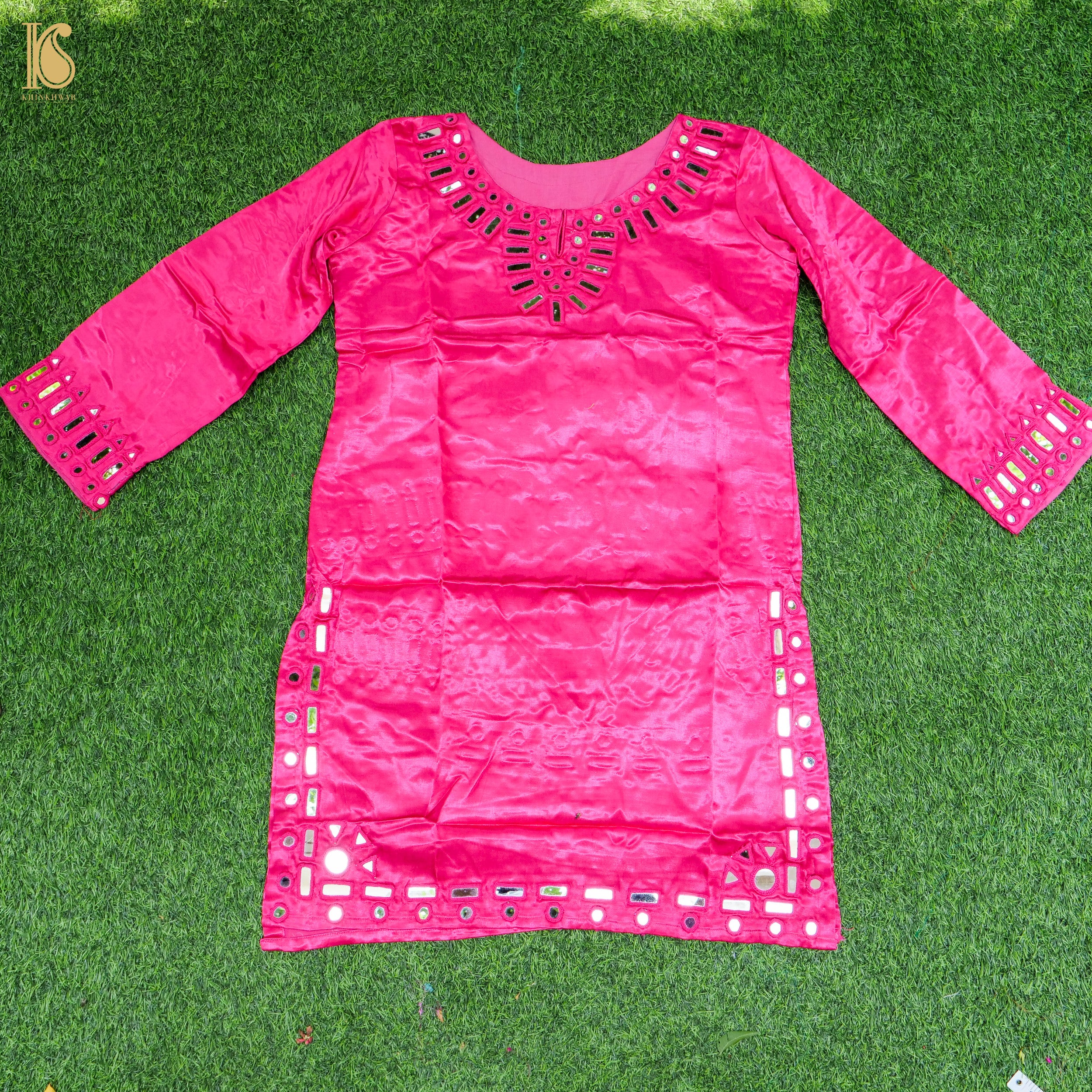 Pink Pure Mashru Silk Stitched Kurta with Mirror Work - Khinkhwab