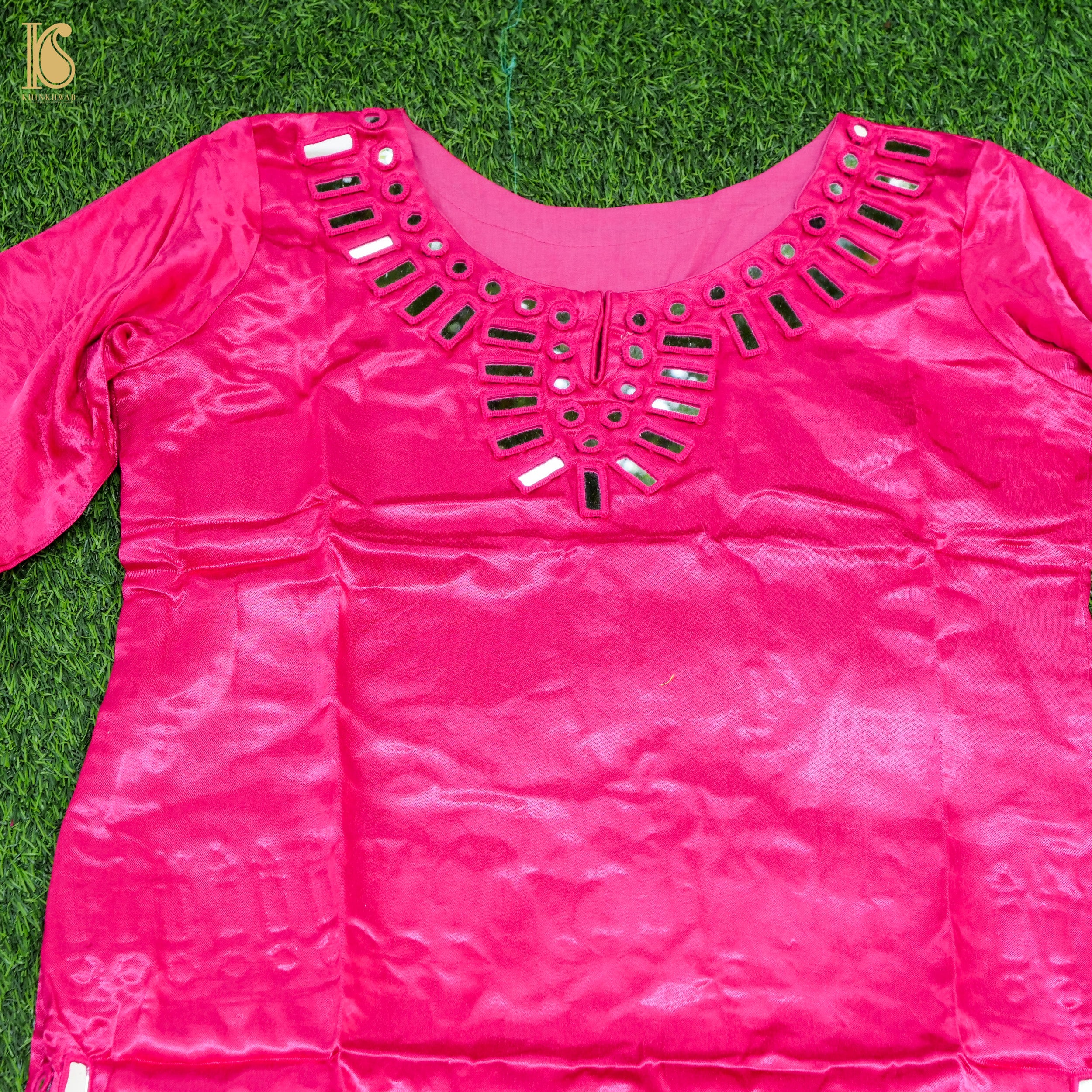 Pink Pure Mashru Silk Stitched Kurta with Mirror Work - Khinkhwab