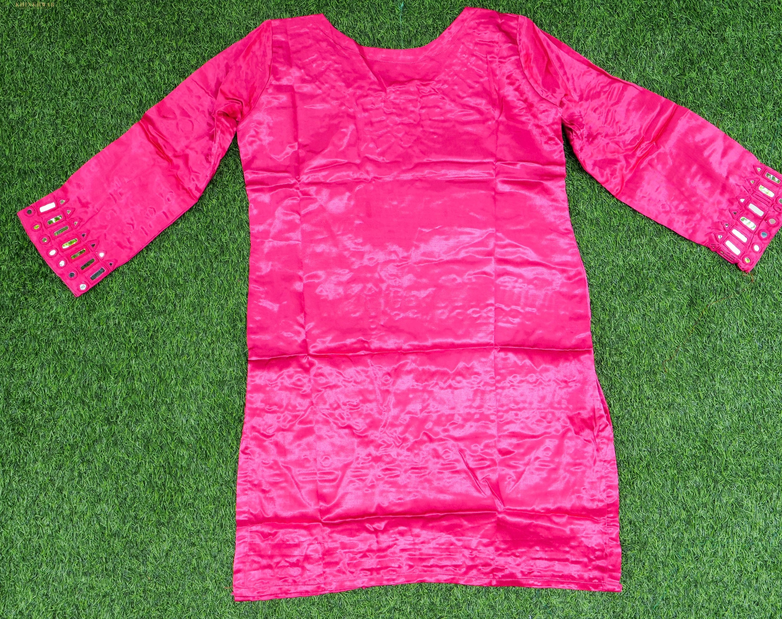 Pink Pure Mashru Silk Stitched Kurta with Mirror Work - Khinkhwab