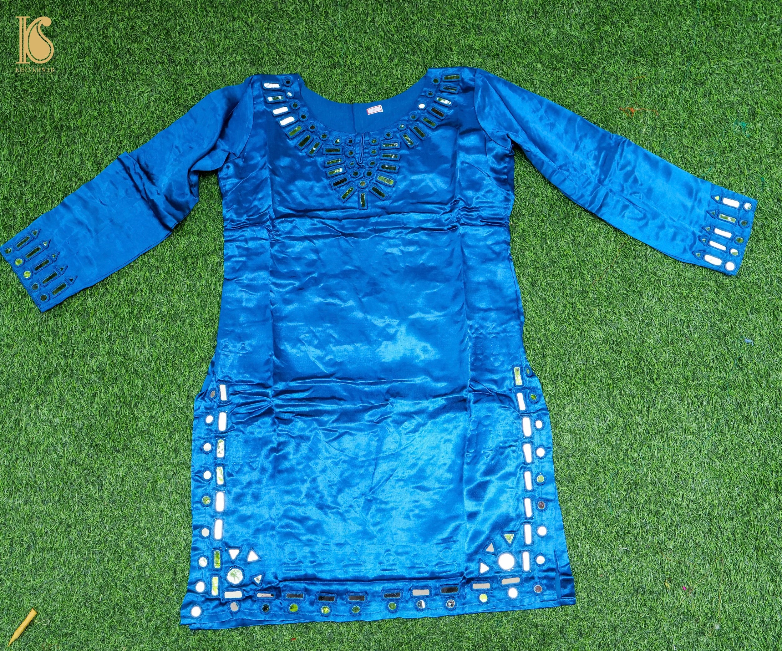 Blue Pure Mashru Silk Stitched Kurta with Mirror Work - Khinkhwab