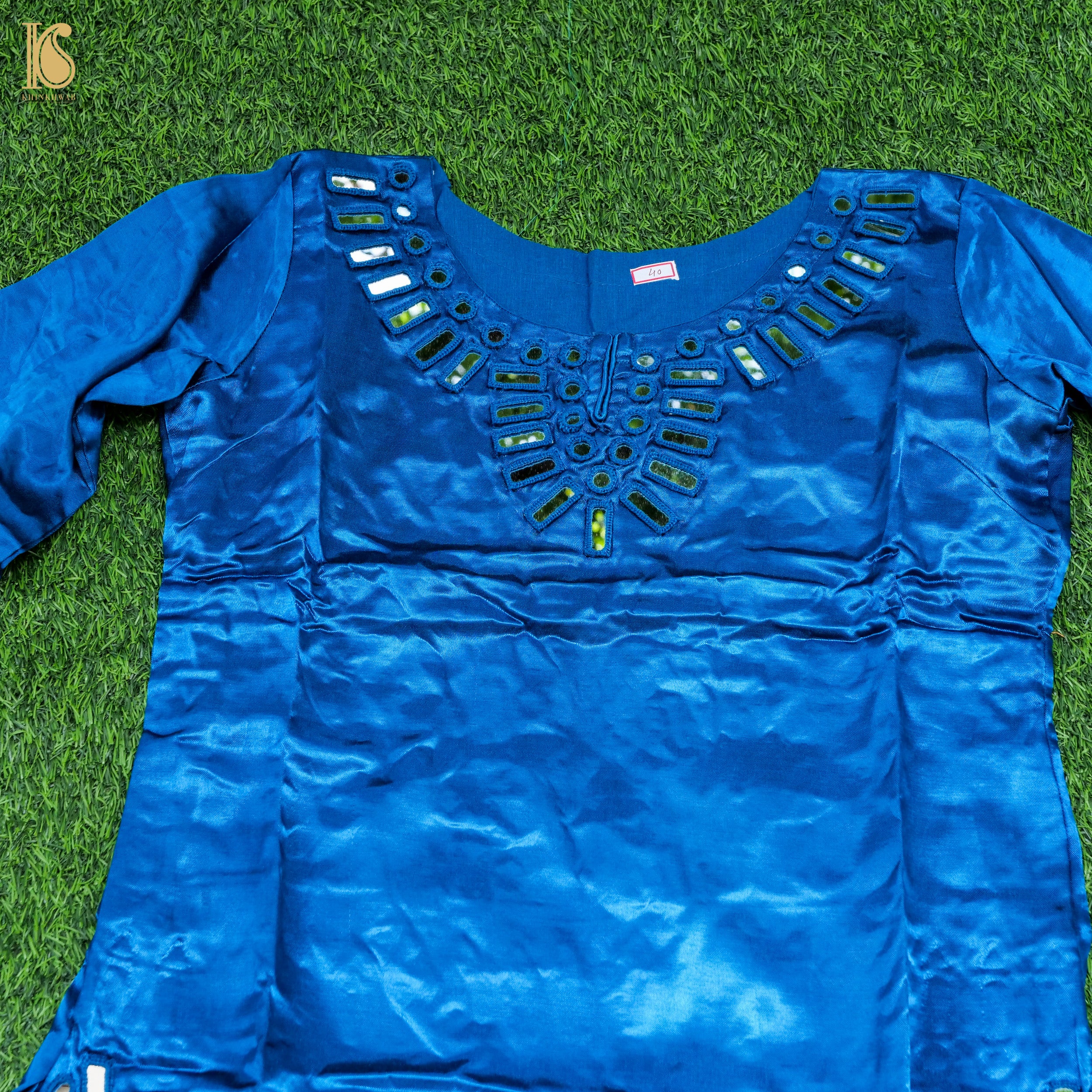 Blue Pure Mashru Silk Stitched Kurta with Mirror Work - Khinkhwab