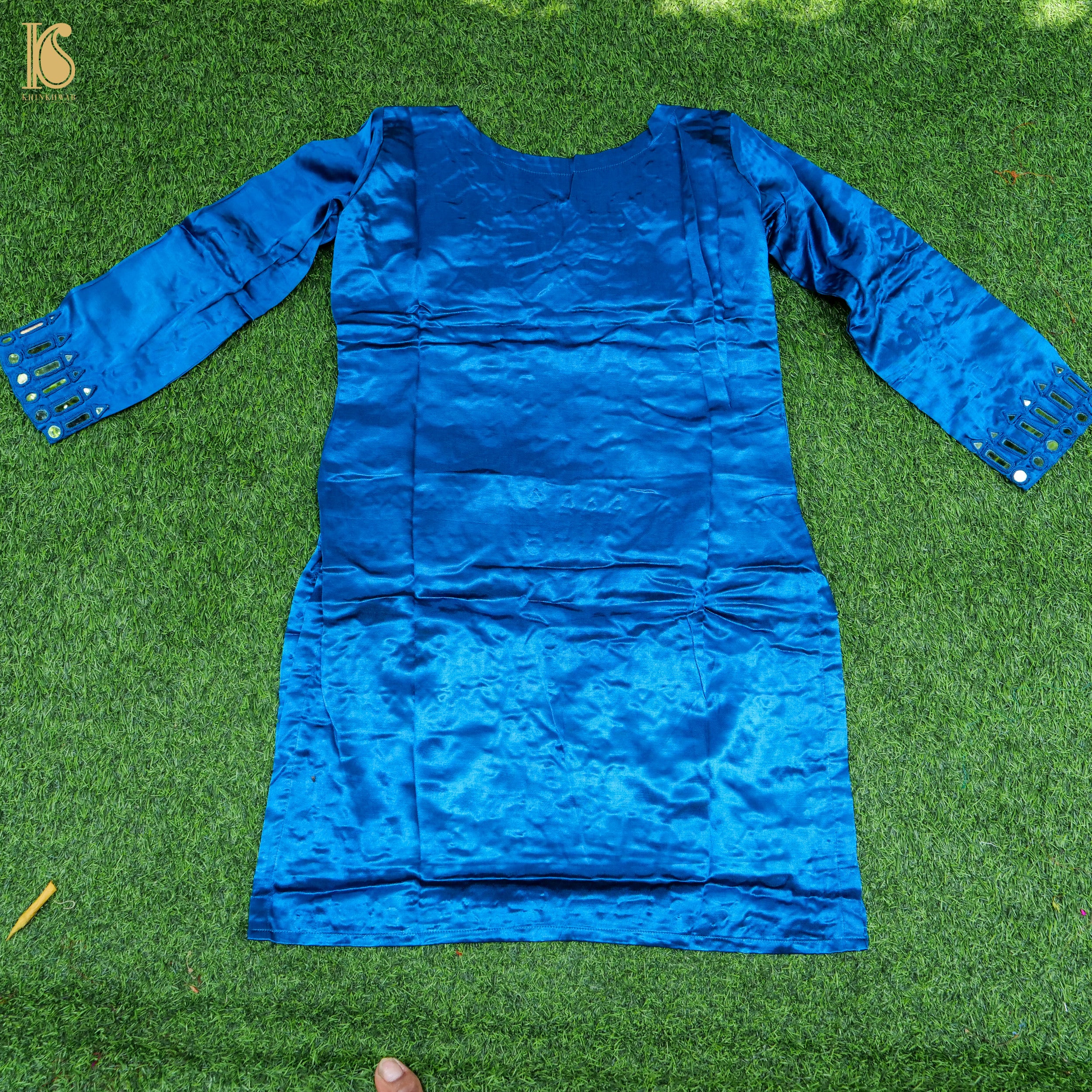 Blue Pure Mashru Silk Stitched Kurta with Mirror Work - Khinkhwab