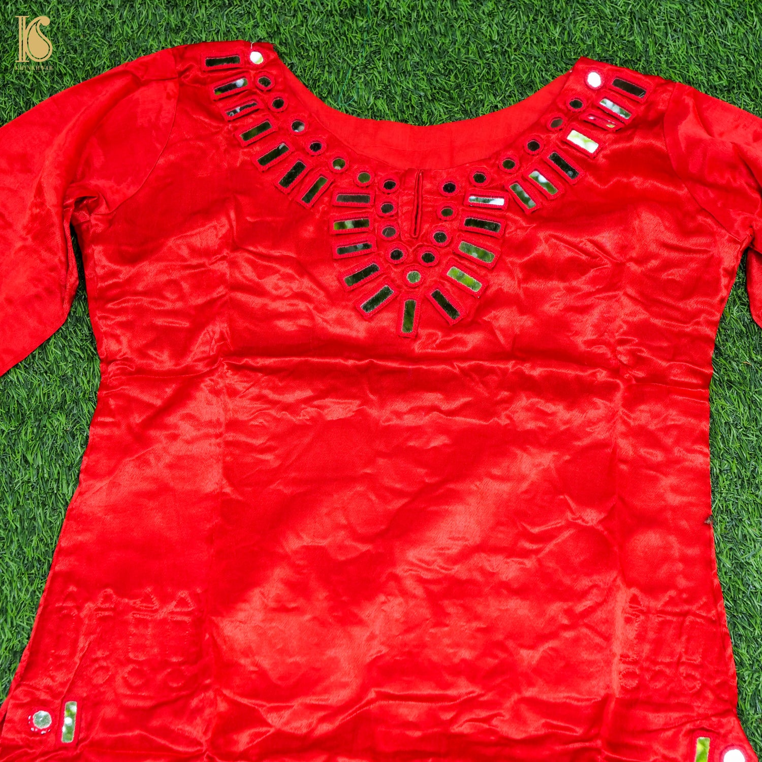 Red Pure Mashru Silk Stitched Kurta with Mirror Work - Khinkhwab