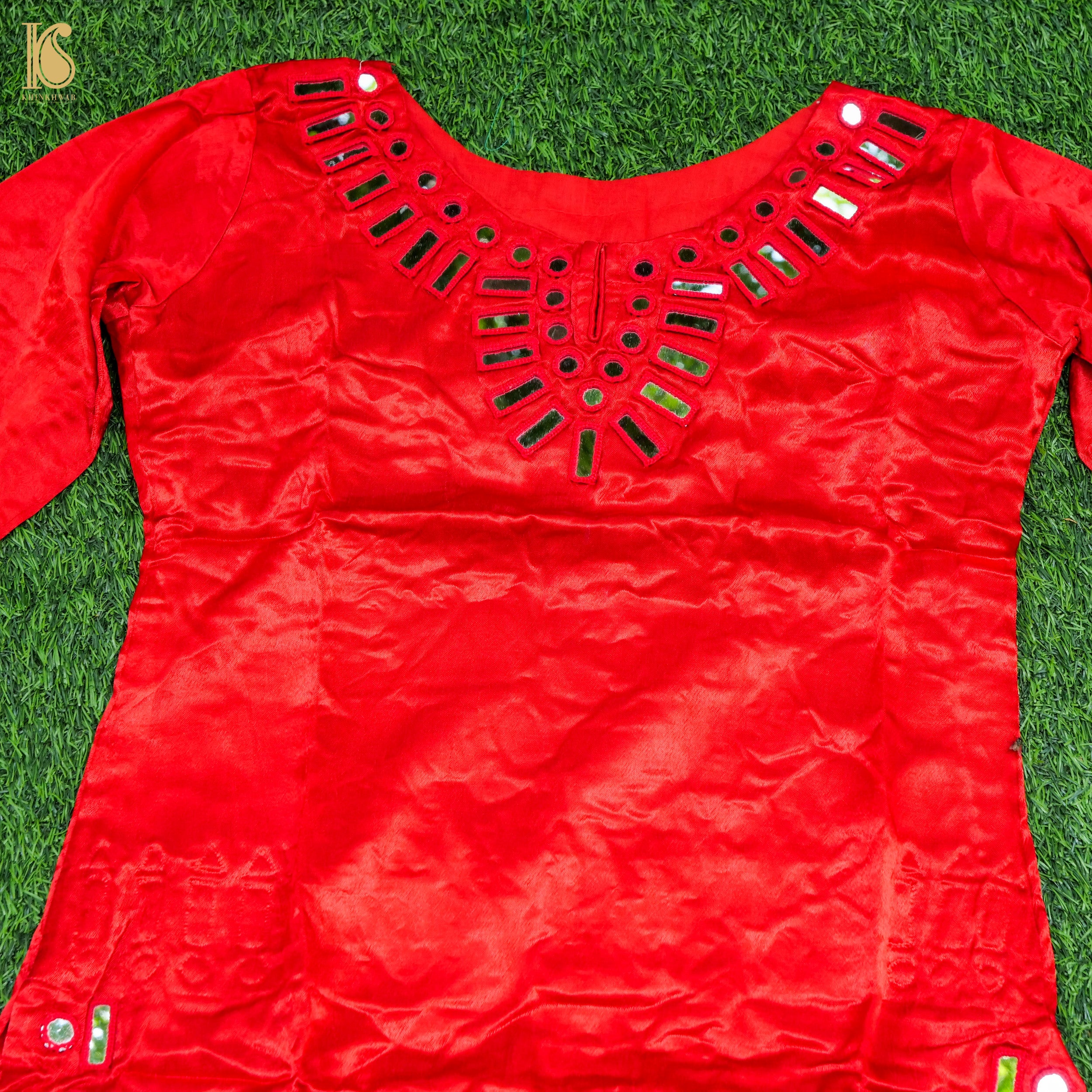 Red Pure Mashru Silk Stitched Kurta with Mirror Work - Khinkhwab