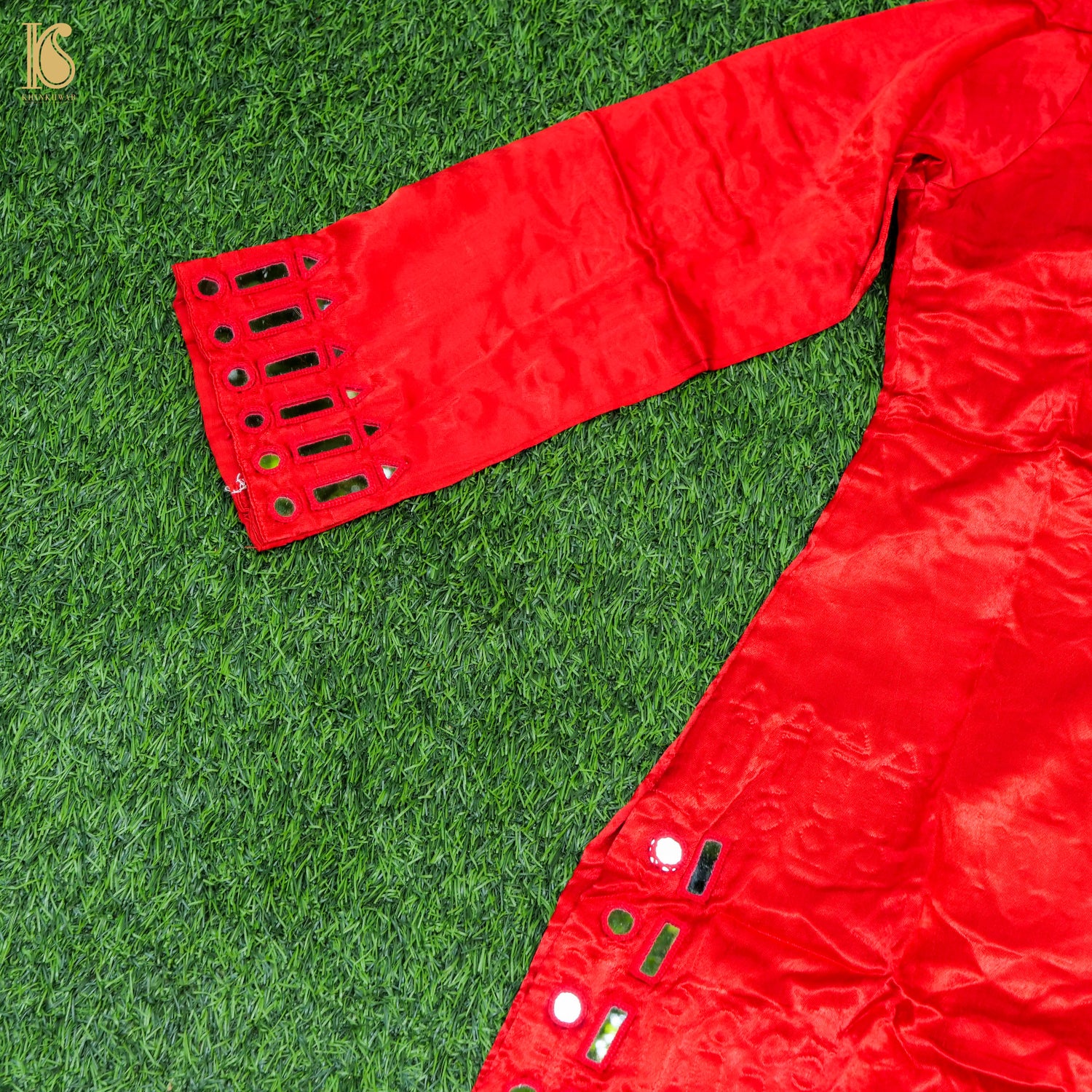 Red Pure Mashru Silk Stitched Kurta with Mirror Work - Khinkhwab