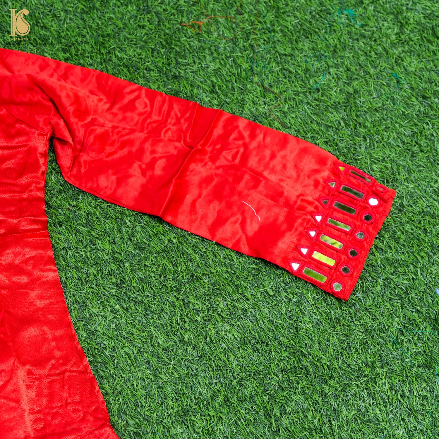 Red Pure Mashru Silk Stitched Kurta with Mirror Work - Khinkhwab