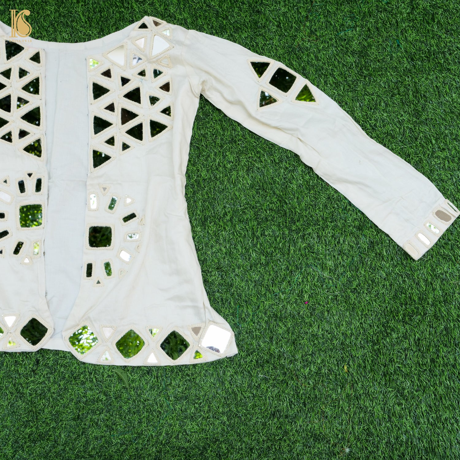 White Pure Mashru Silk Stitched Jacket with Mirror Work - Khinkhwab