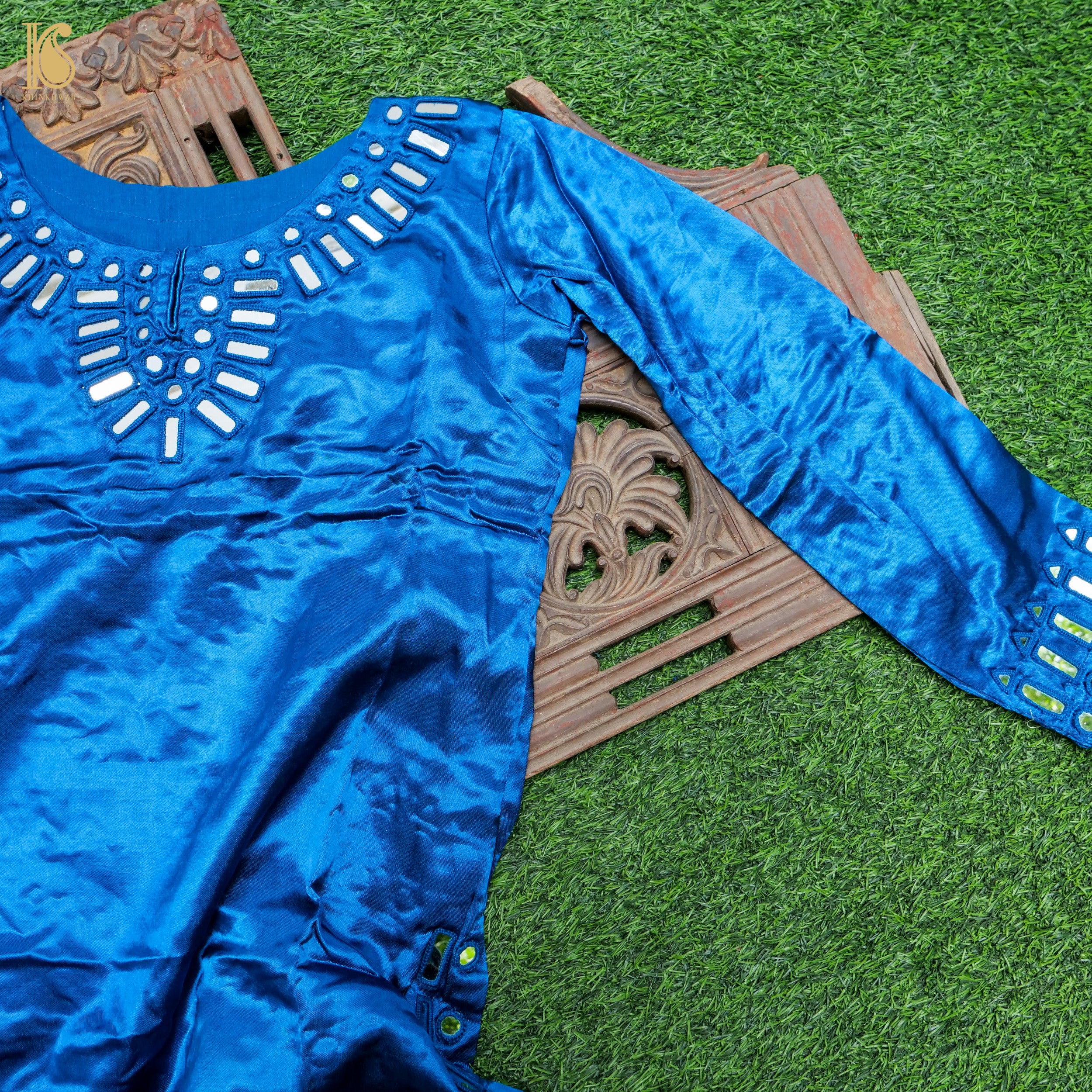 Blue Pure Mashru Silk Stitched Kurta with Mirror Work - Khinkhwab