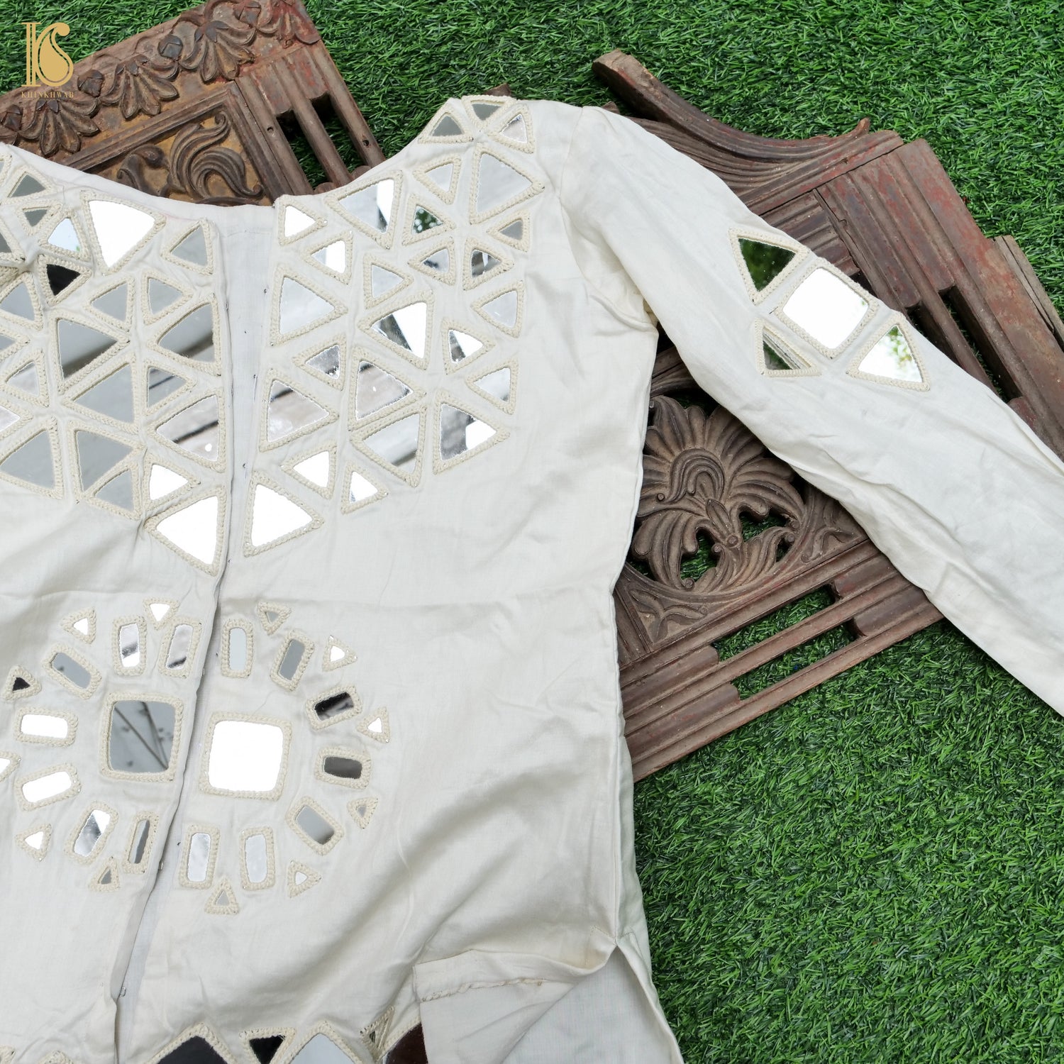 White Pure Mashru Silk Stitched Jacket with Mirror Work - Khinkhwab