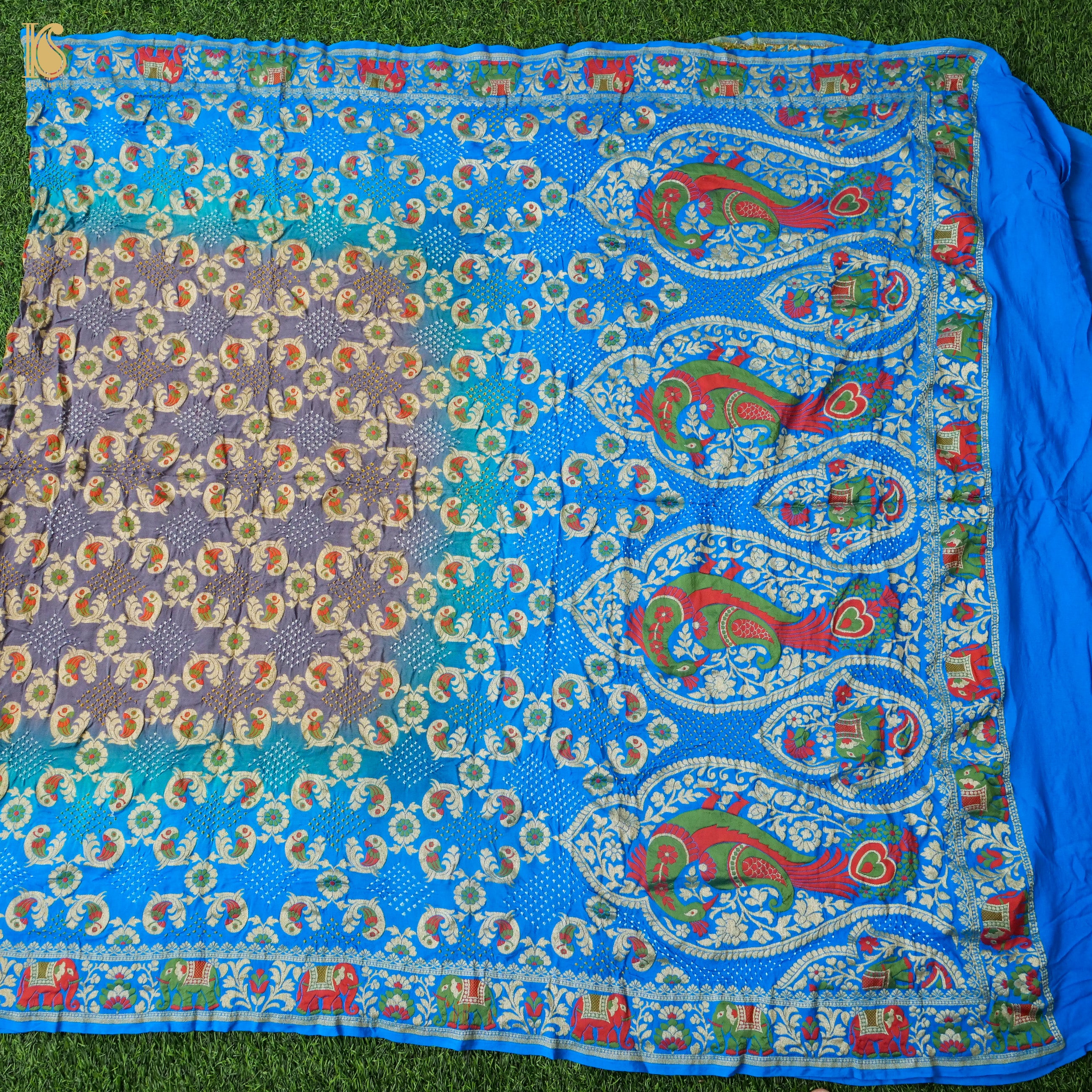 Dodger Blue & Grey Georgette Handloom Bandhani Banarasi Parrot Dupatta - Khinkhwab
