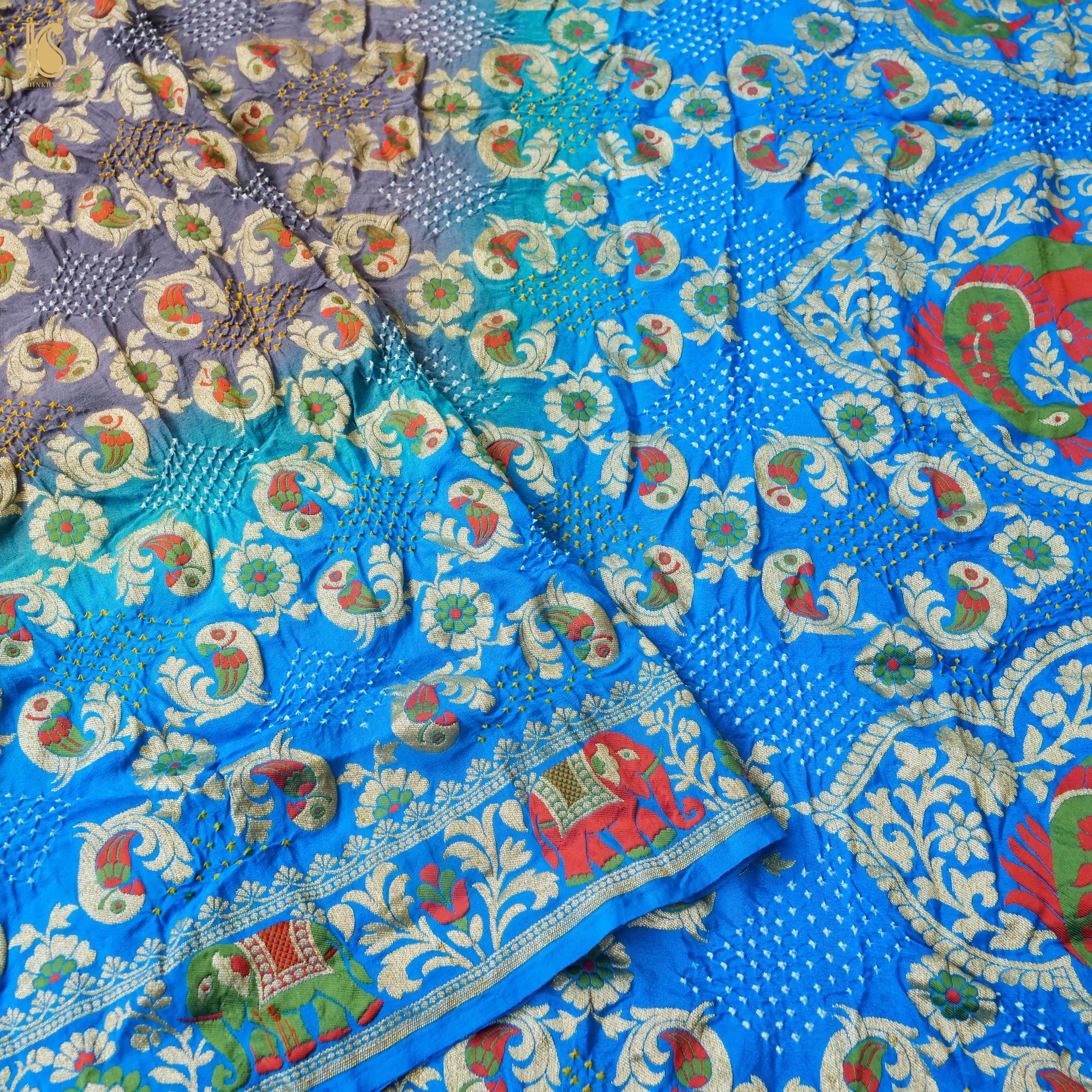 Dodger Blue & Grey Georgette Handloom Bandhani Banarasi Parrot Dupatta - Khinkhwab
