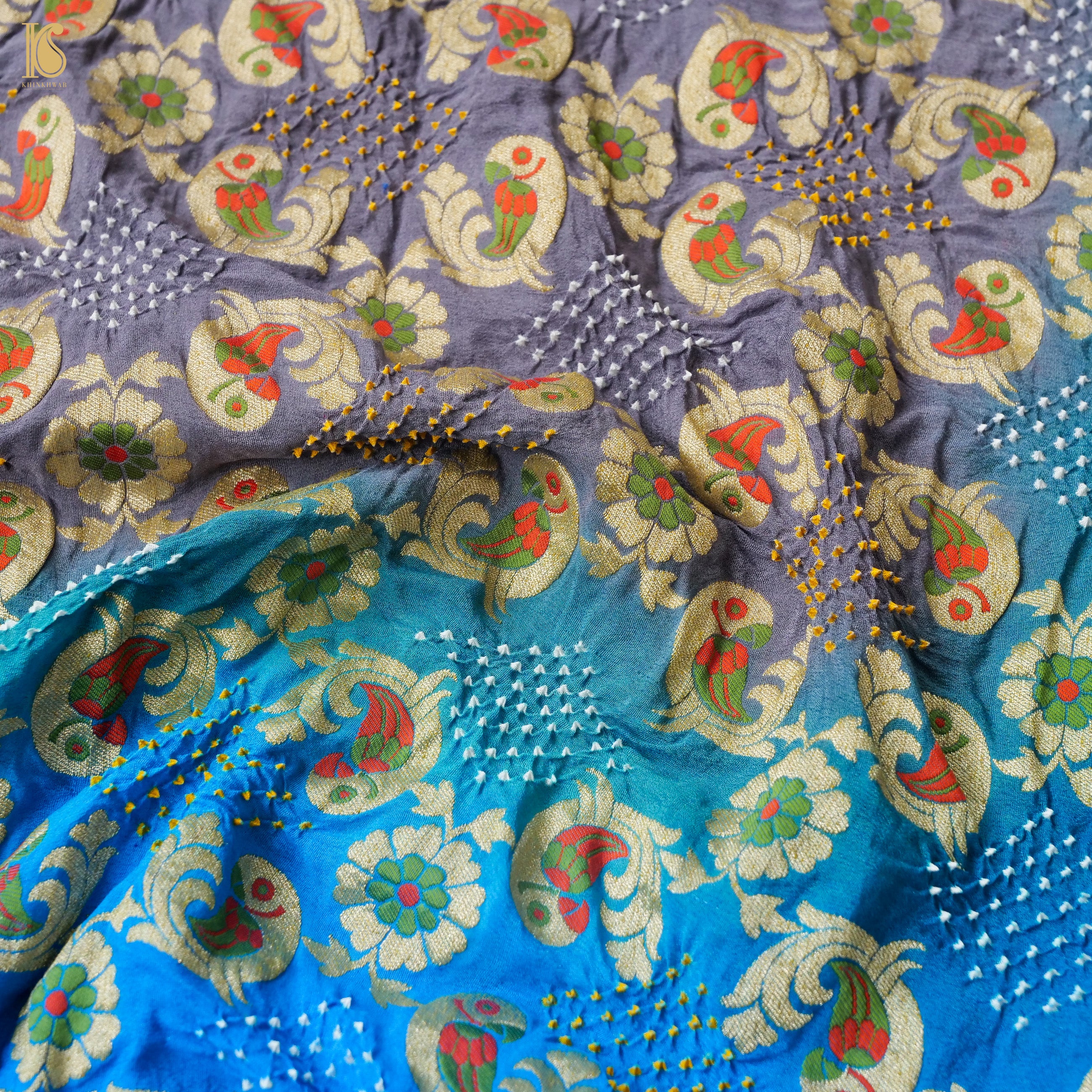 Dodger Blue & Grey Georgette Handloom Bandhani Banarasi Parrot Dupatta - Khinkhwab