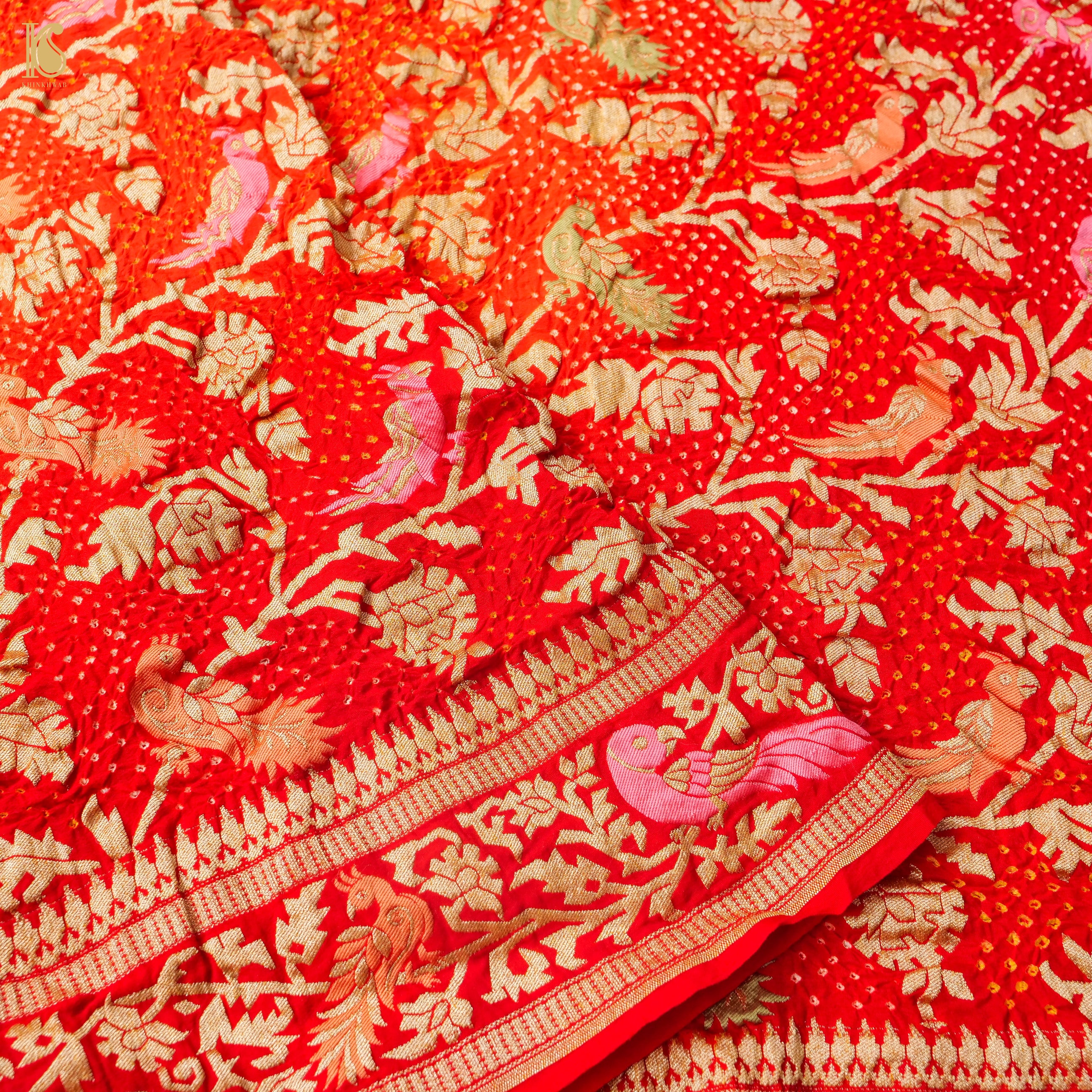 Red Georgette Handloom Bandhani Banarasi Birds of Paradise Dupatta - Khinkhwab