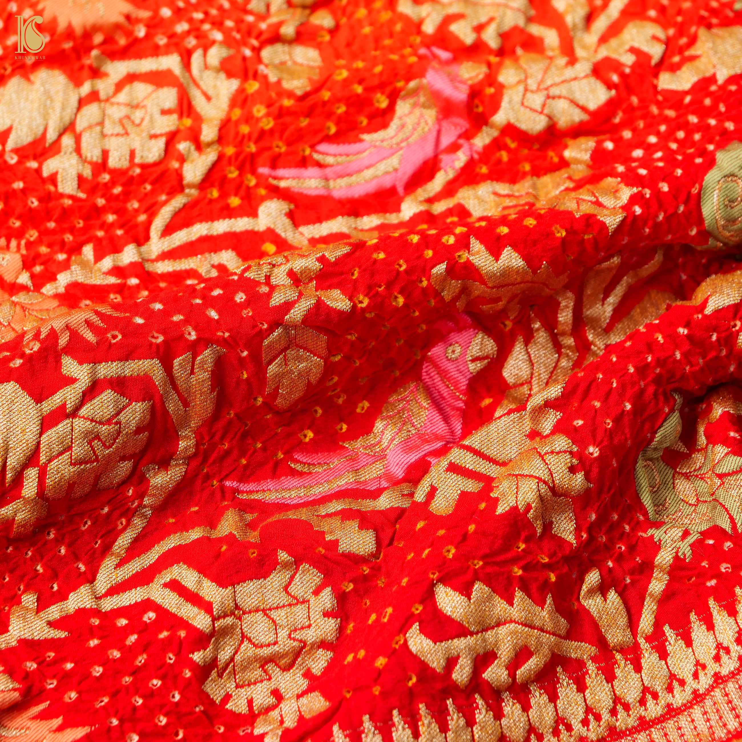 Red Georgette Handloom Bandhani Banarasi Birds of Paradise Dupatta - Khinkhwab