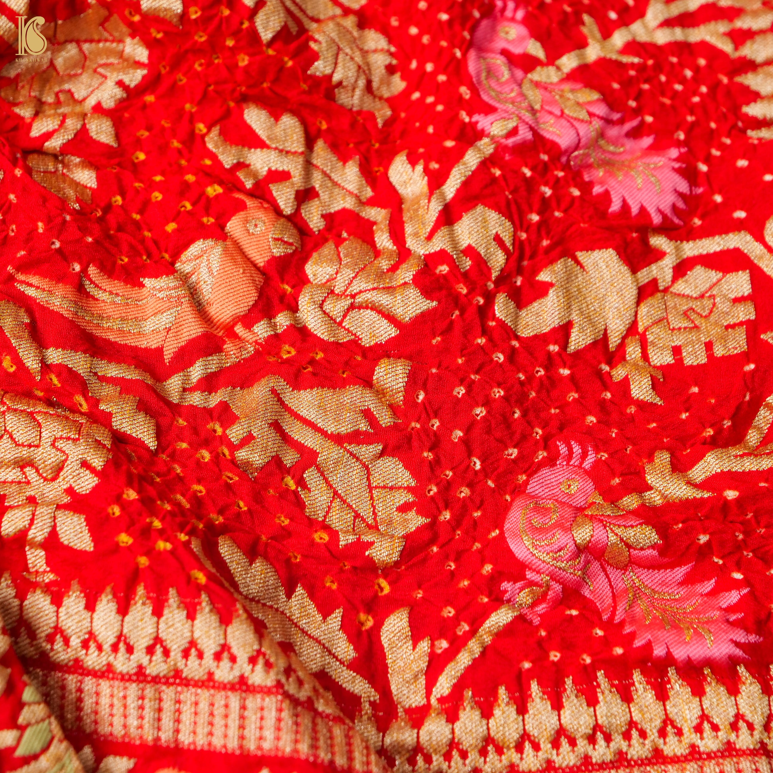 Red Georgette Handloom Bandhani Banarasi Birds of Paradise Dupatta - Khinkhwab