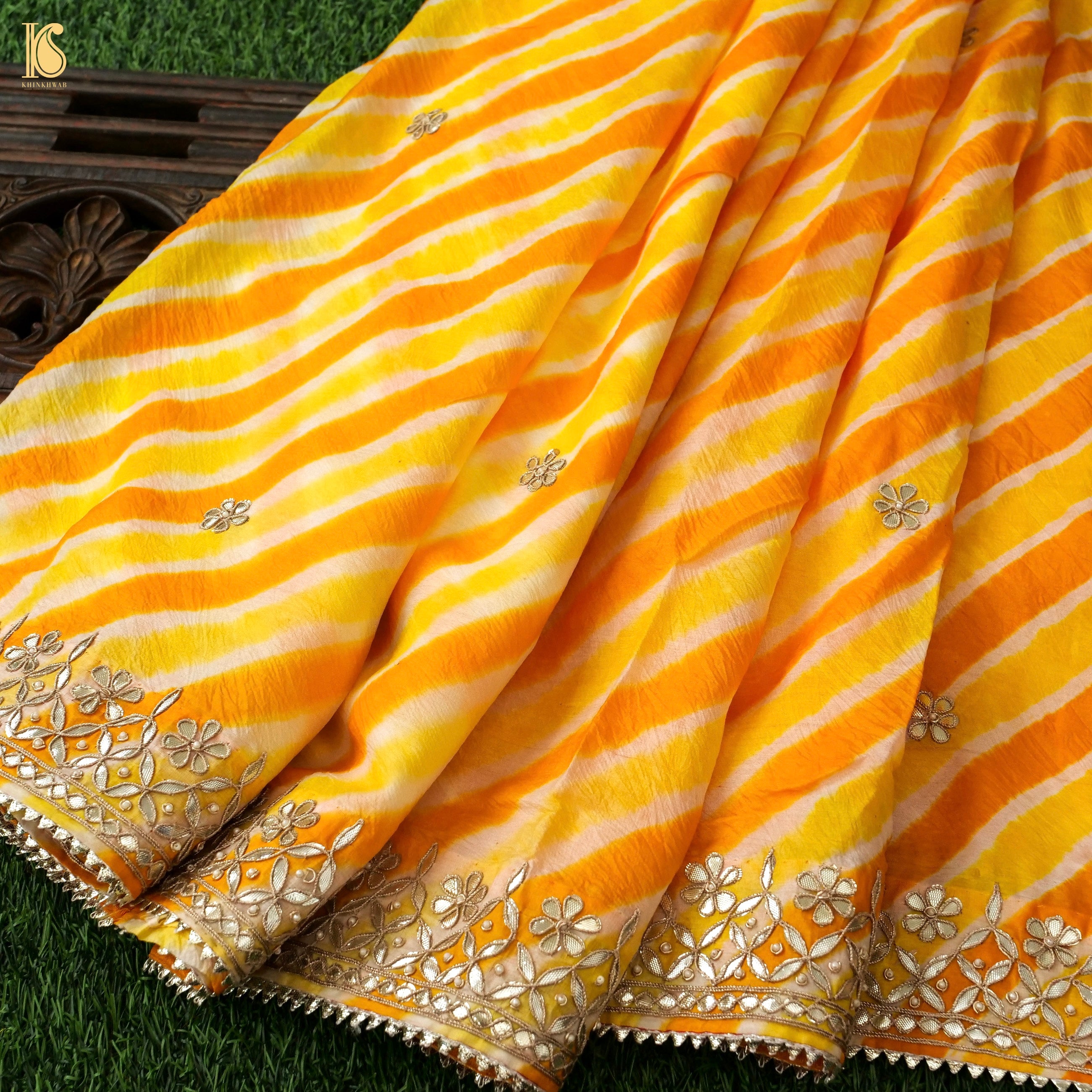 Free full draping )Orange and green soft silk saree with aari