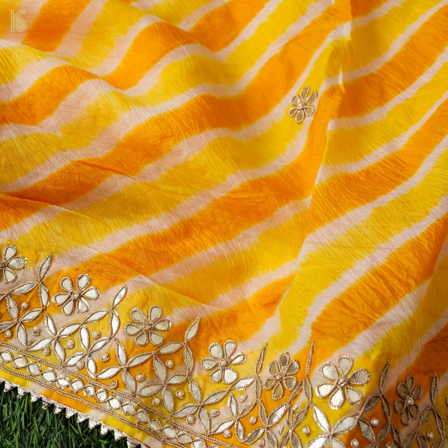 Yellow Leheriya Pure Tussar Silk Gotta Patti Saree - Khinkhwab