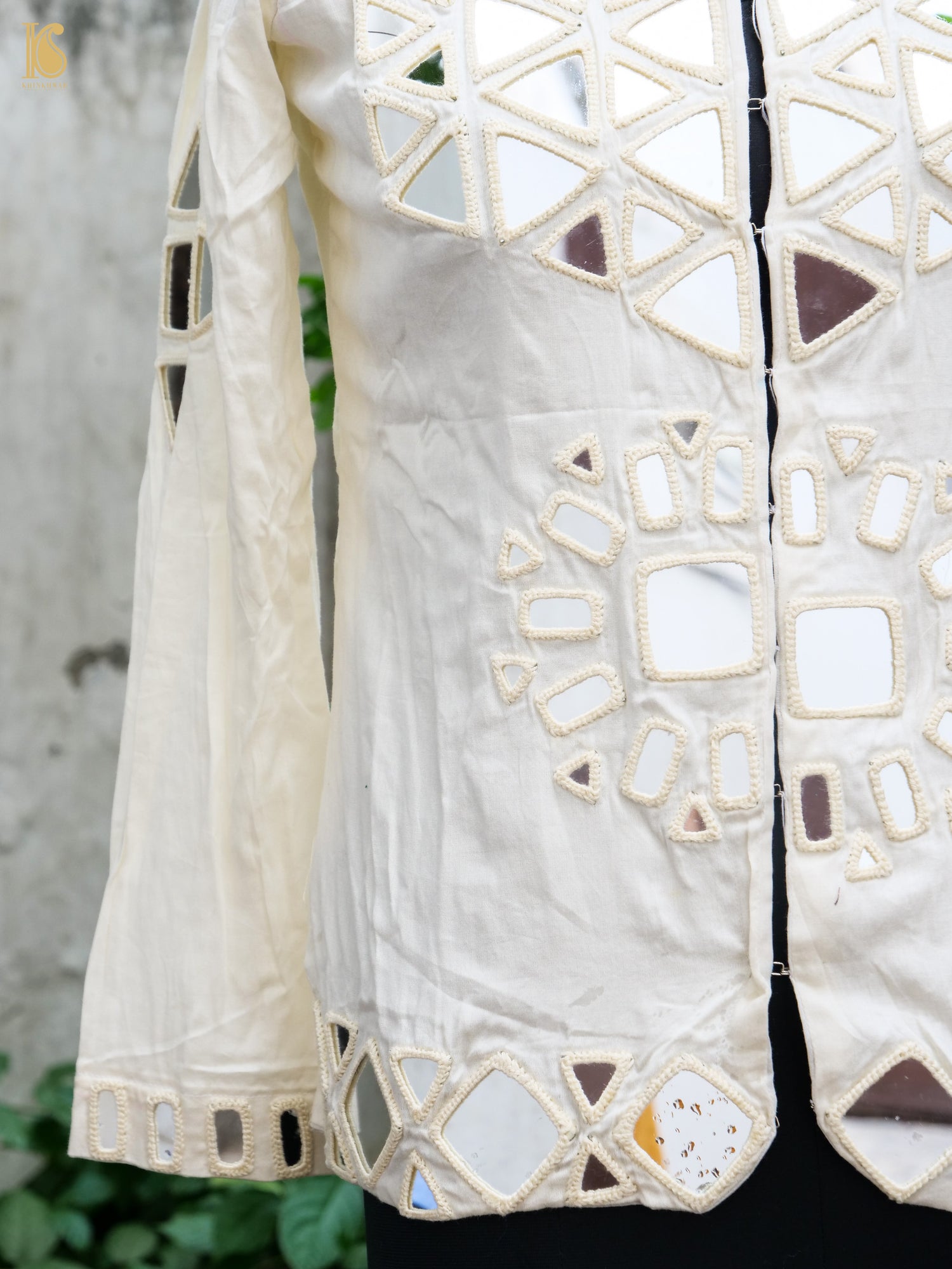 White Pure Mashru Silk Stitched Jacket with Mirror Work - Khinkhwab