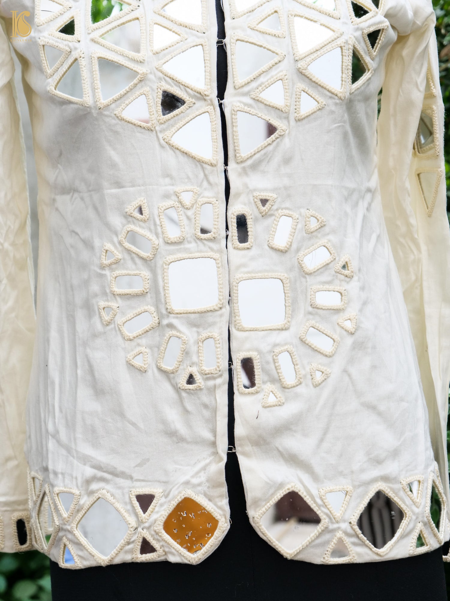 White Pure Mashru Silk Stitched Jacket with Mirror Work - Khinkhwab