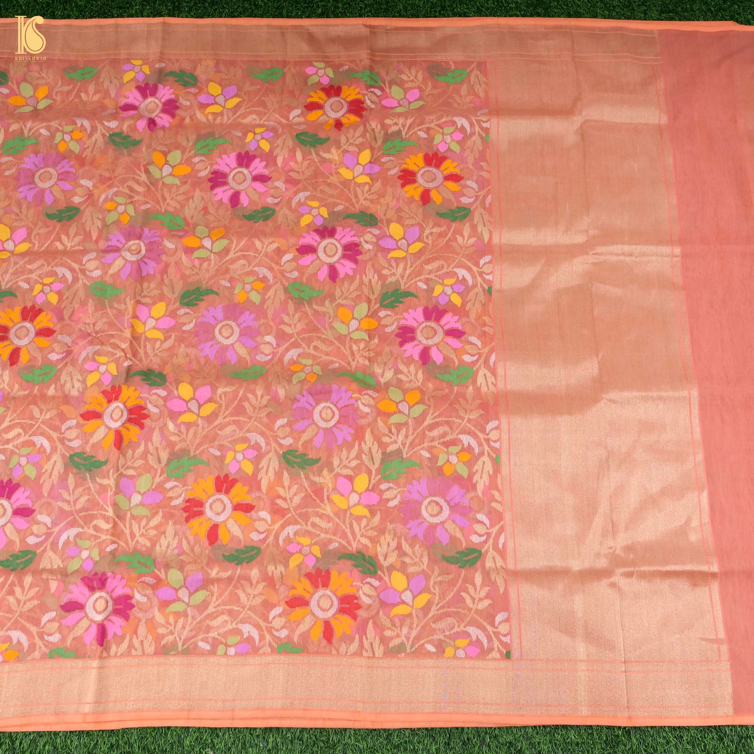 Japonica Pink Handwoven Pure Cotton Real Silver Zari Banarasi Saree - Preorder - Khinkhwab