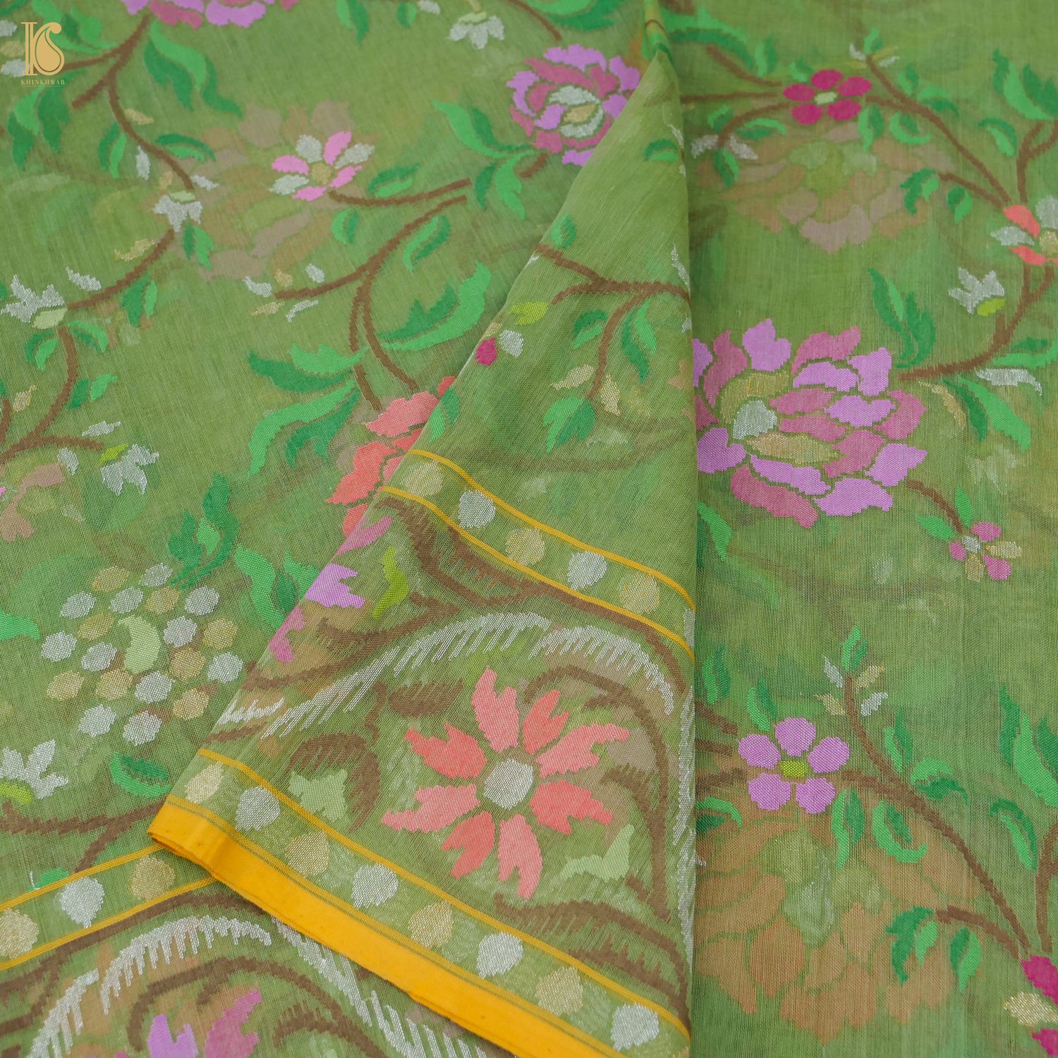 Highland Green Handwoven Pure Cotton Real Silver Zari Banarasi Saree - Preorder - Khinkhwab