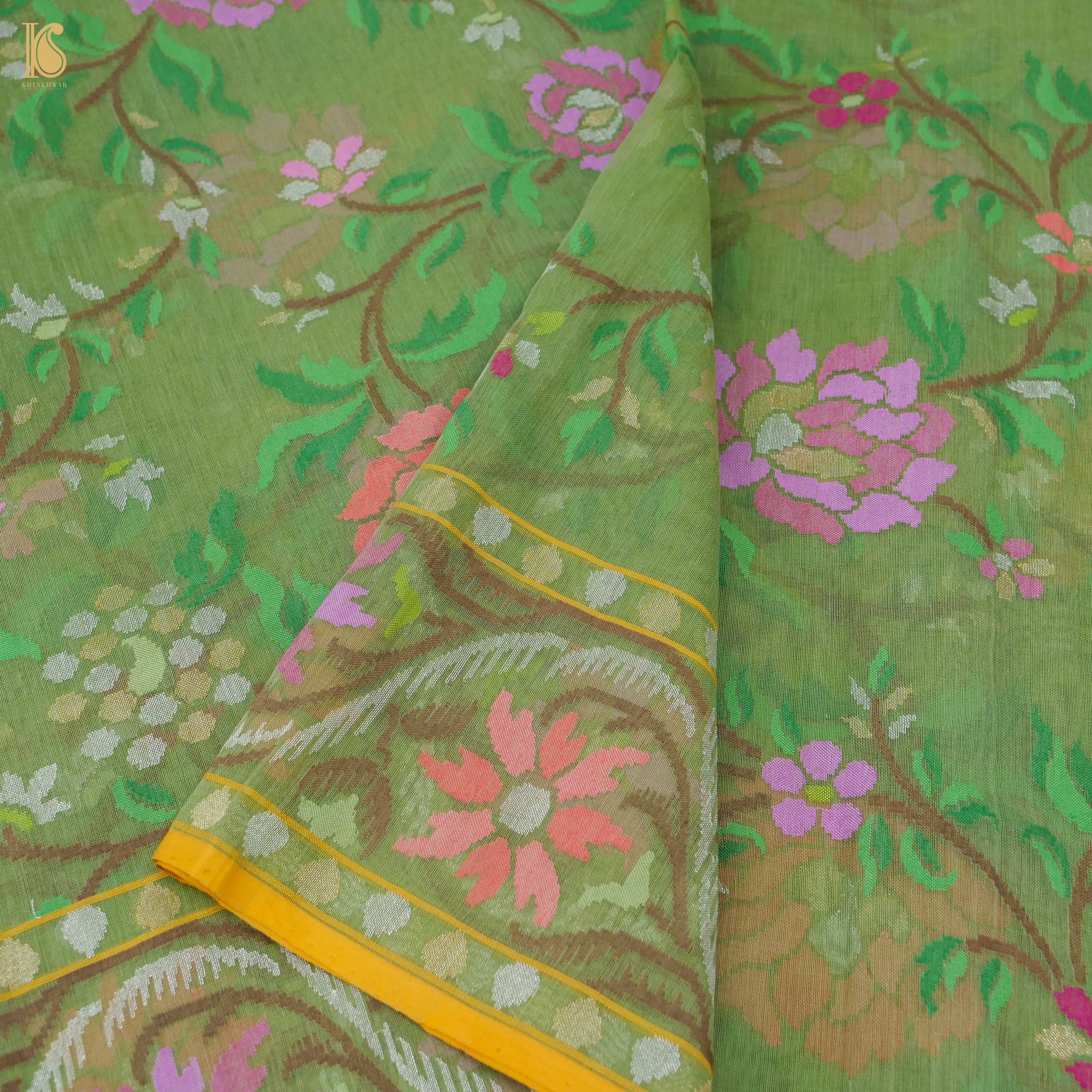 Highland Green Handwoven Pure Cotton Real Silver Zari Banarasi Saree - Preorder - Khinkhwab