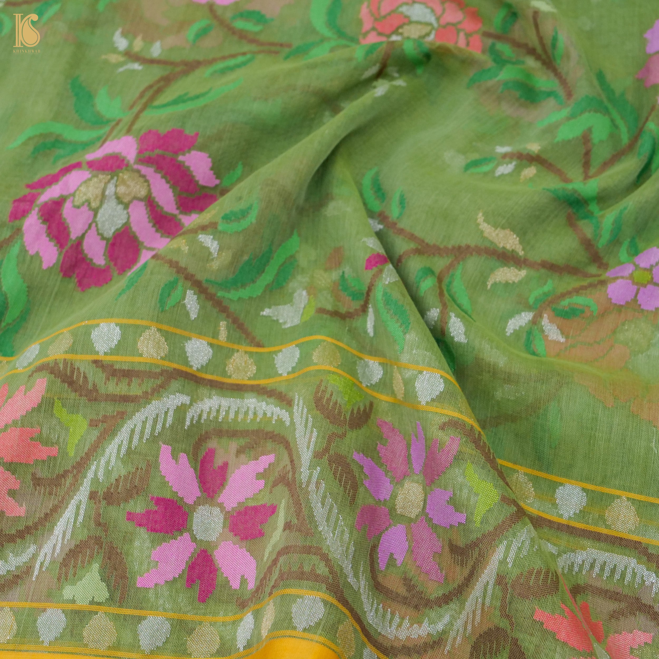 Highland Green Handwoven Pure Cotton Real Silver Zari Banarasi Saree - Preorder - Khinkhwab