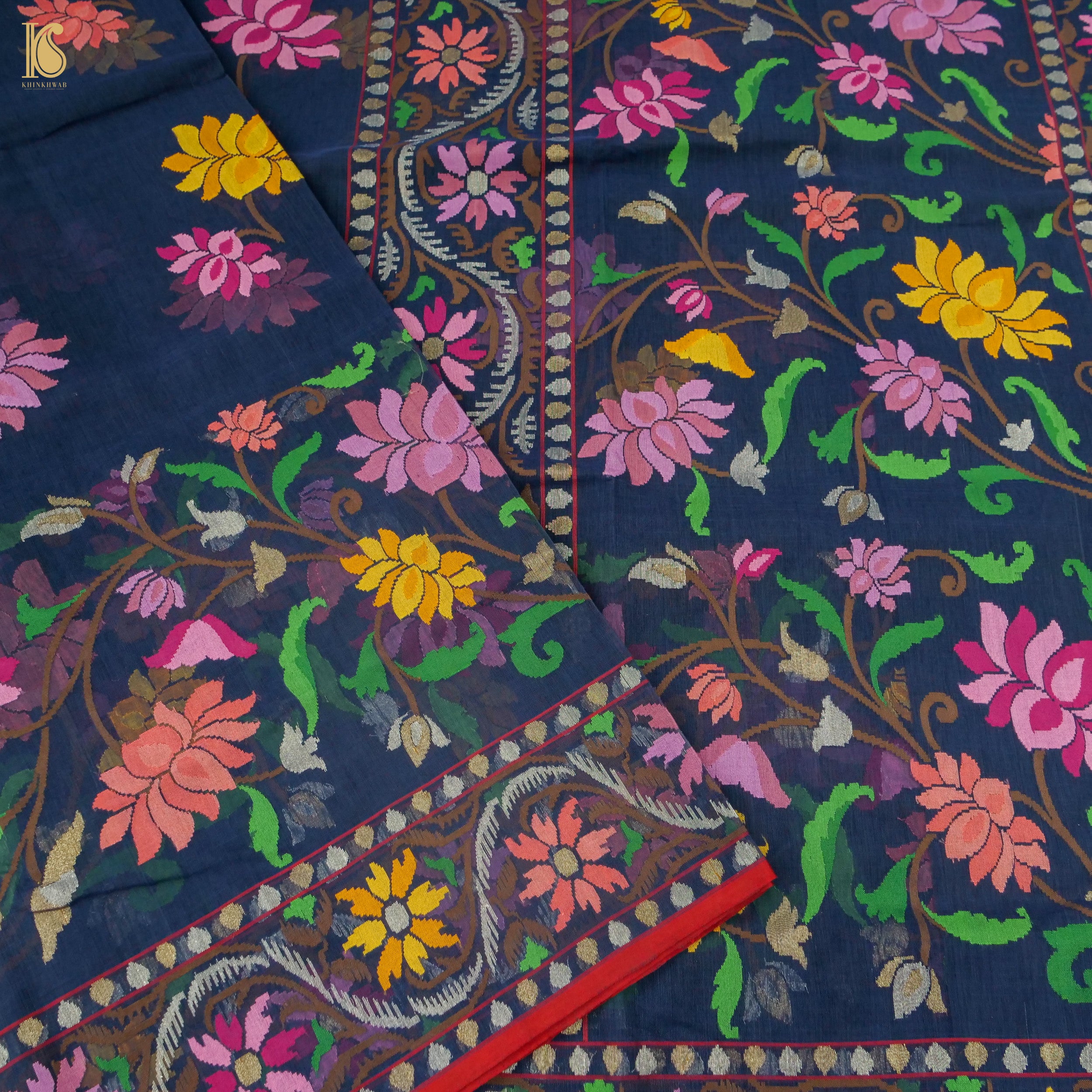 Midnight Blue Handwoven Pure Cotton Real Zari Neelambari Banarasi Saree - Preorder - Khinkhwab