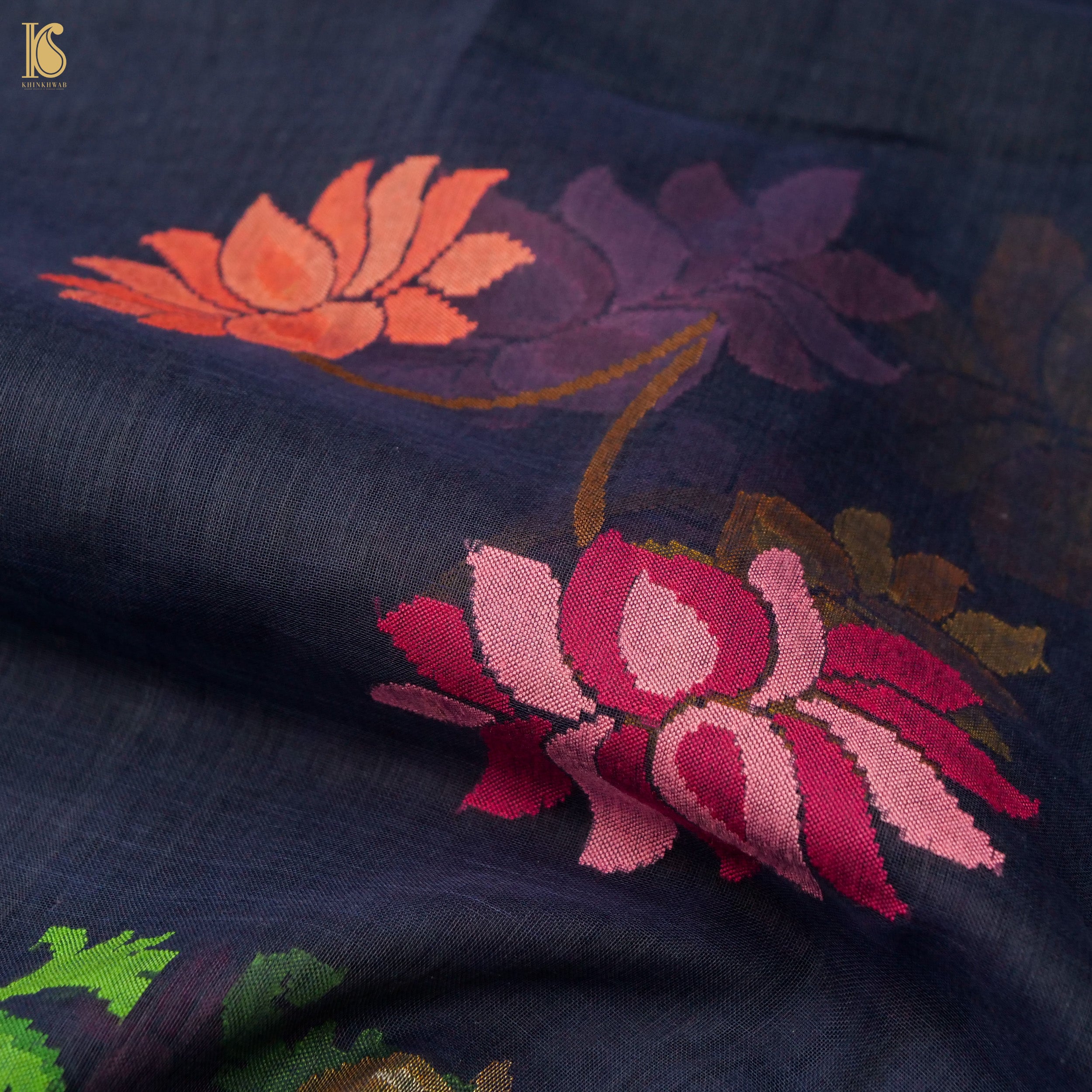 Midnight Blue Handwoven Pure Cotton Real Zari Neelambari Banarasi Saree - Preorder - Khinkhwab