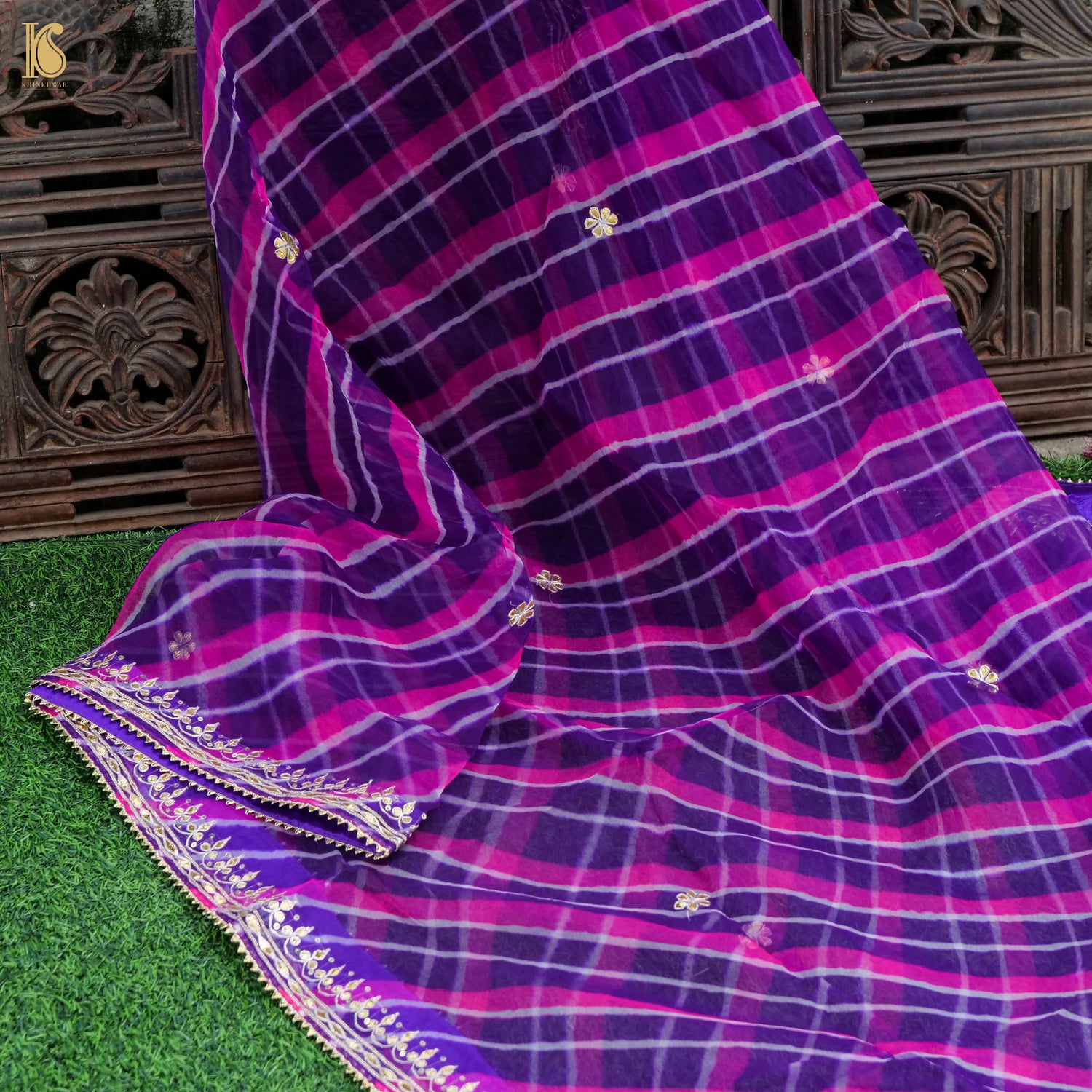 Purple & Pink Leheriya Pure Organza Gotta Patti Dupatta - Khinkhwab