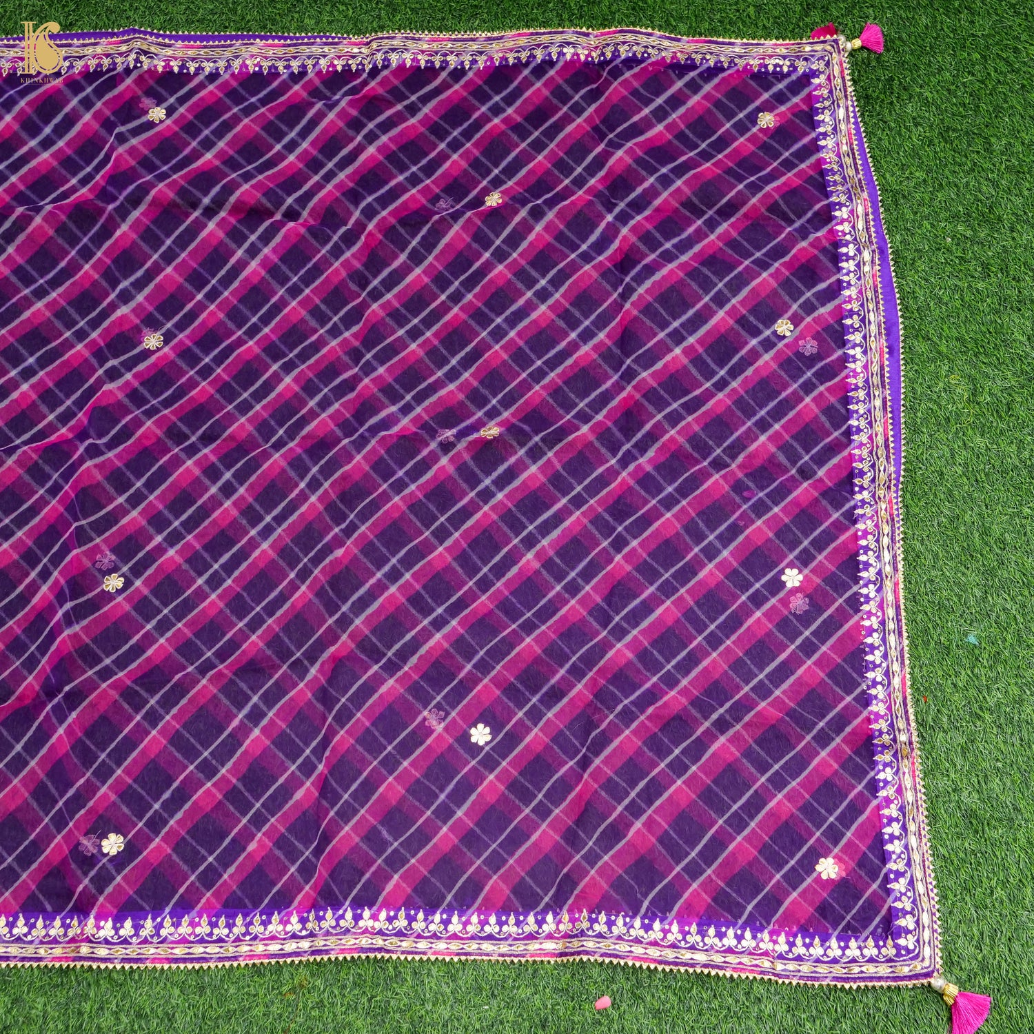 Purple & Pink Leheriya Pure Organza Gotta Patti Dupatta - Khinkhwab
