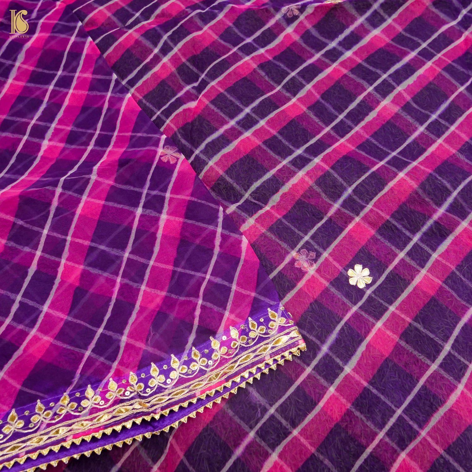 Purple & Pink Leheriya Pure Organza Gotta Patti Dupatta - Khinkhwab