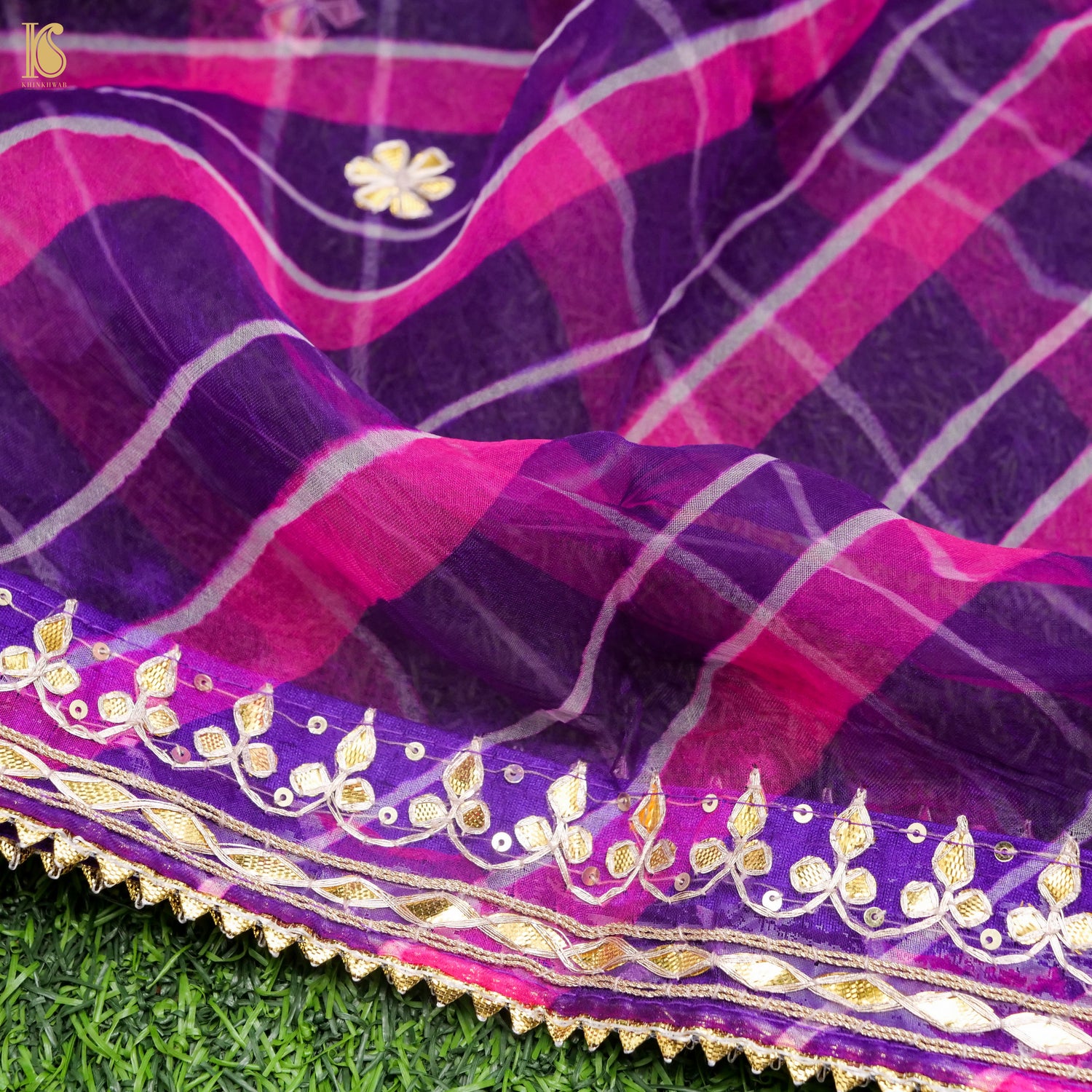 Purple & Pink Leheriya Pure Organza Gotta Patti Dupatta - Khinkhwab