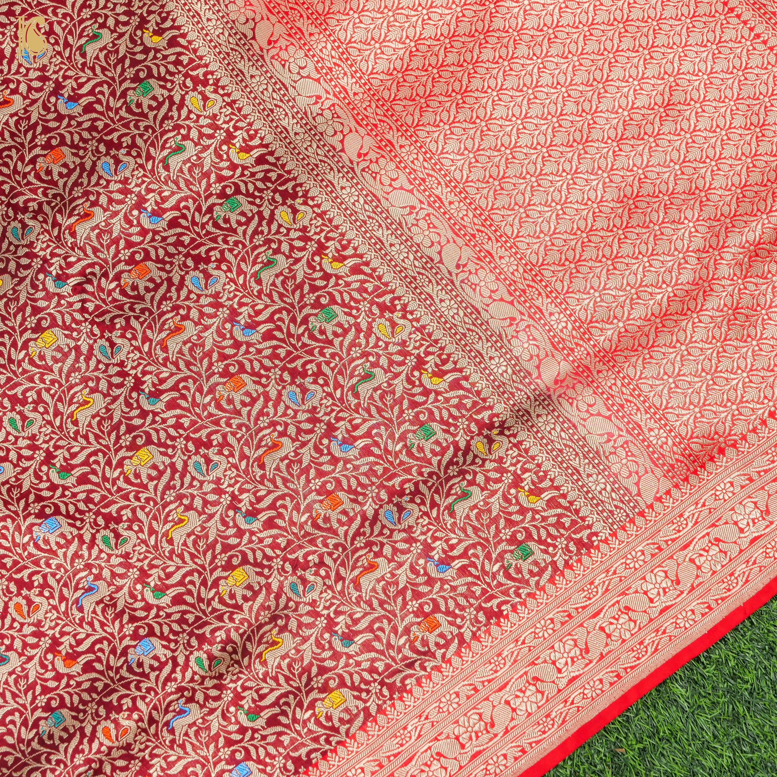 Carmine Red Handloom Katan Silk Banarasi Shikargah Saree - Khinkhwab