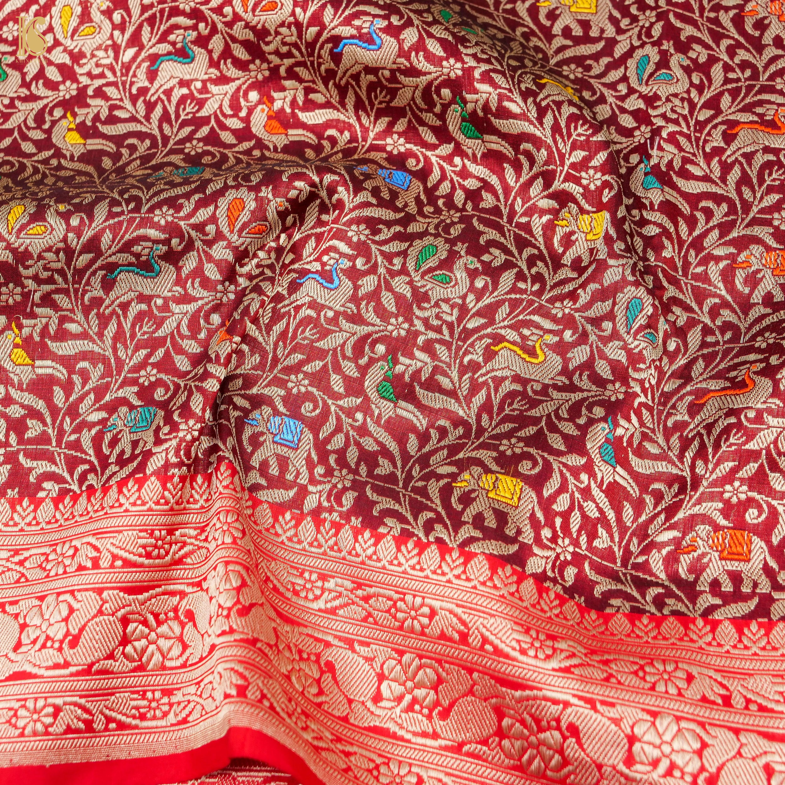 Carmine Red Handloom Katan Silk Banarasi Shikargah Saree - Khinkhwab