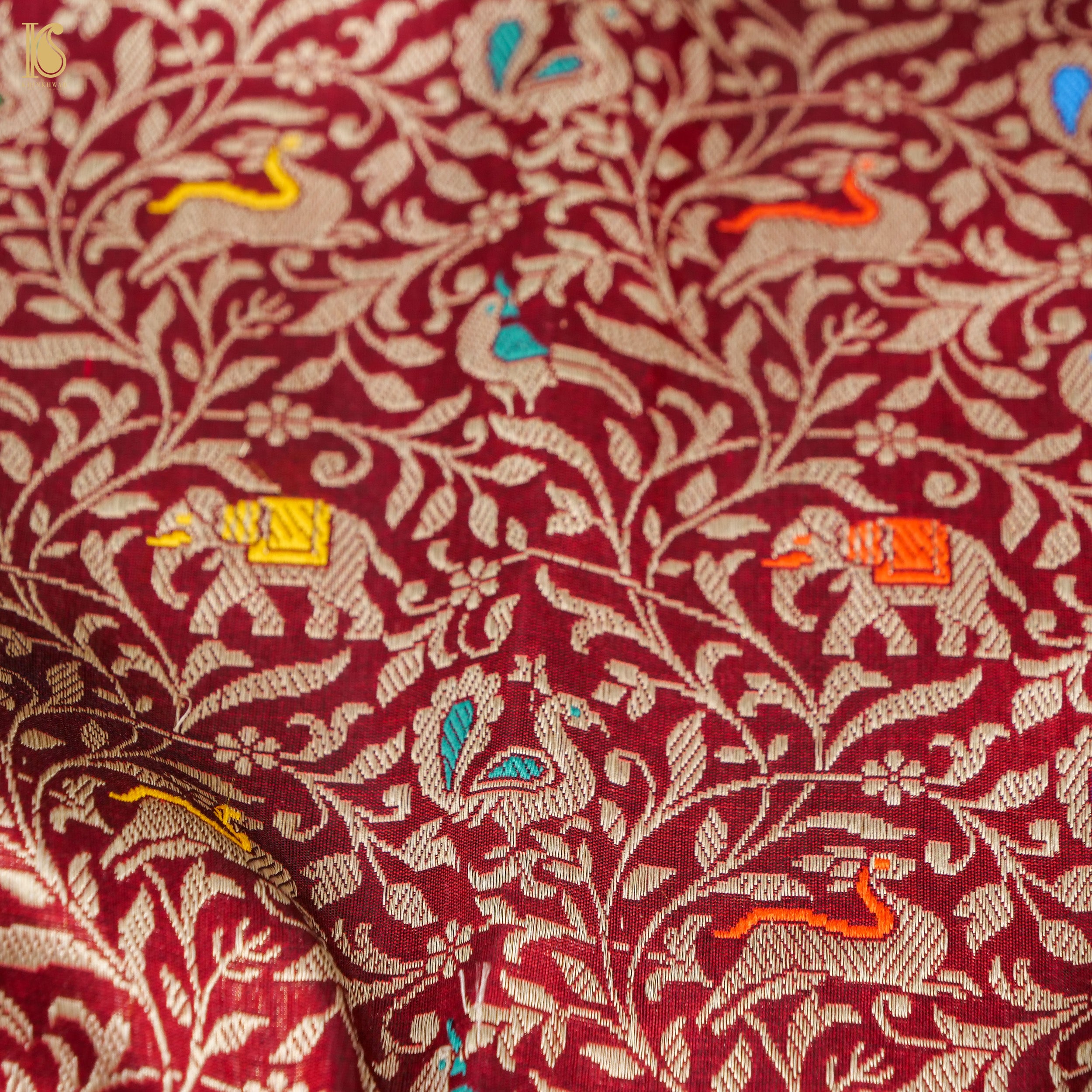 Carmine Red Handloom Katan Silk Banarasi Shikargah Saree - Khinkhwab