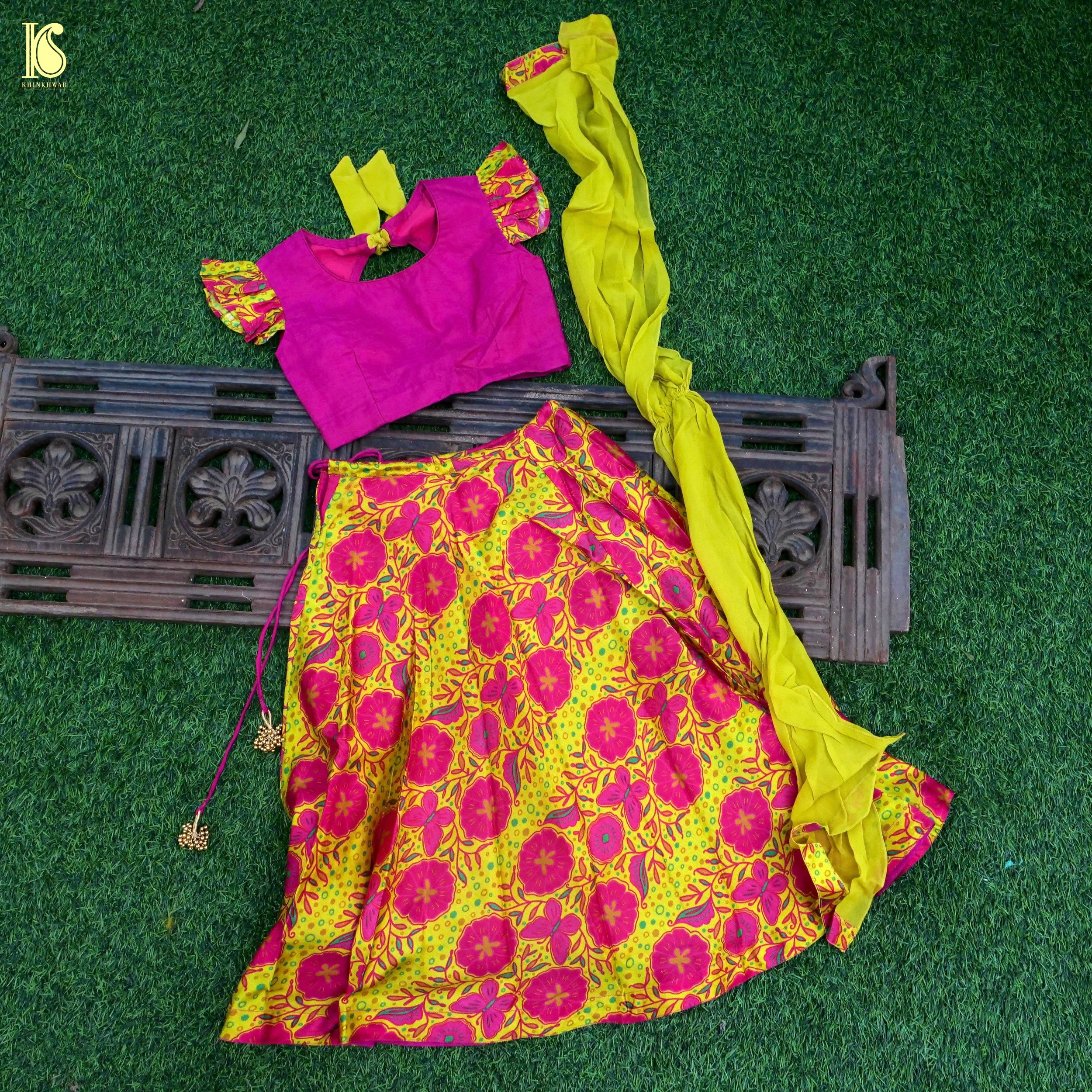 Titli - Yellow & Pink Pure Chiniya Silk Kids Stitched Lehenga Set - Khinkhwab