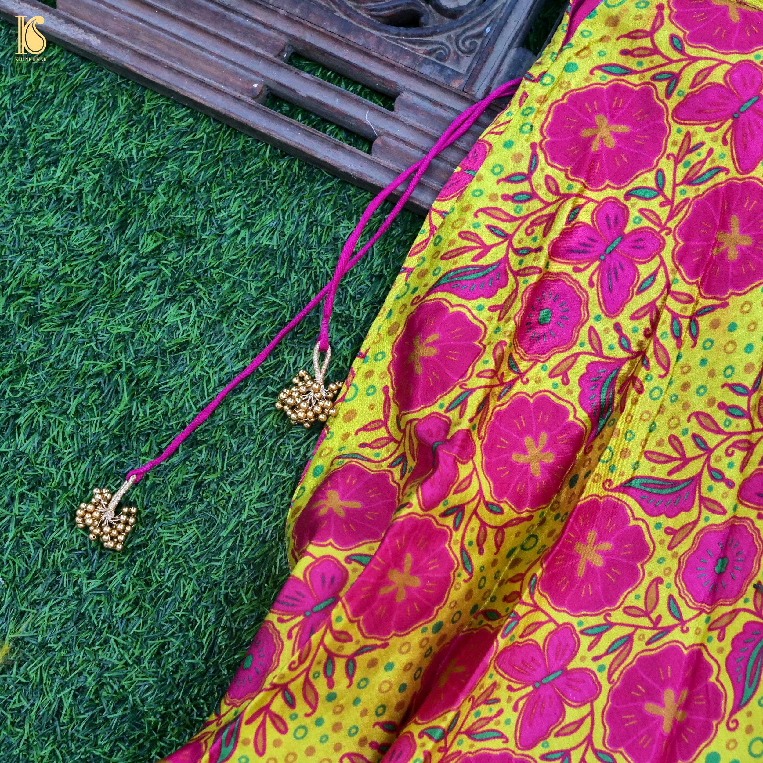 Titli - Yellow & Pink Pure Chiniya Silk Kids Stitched Lehenga Set - Khinkhwab