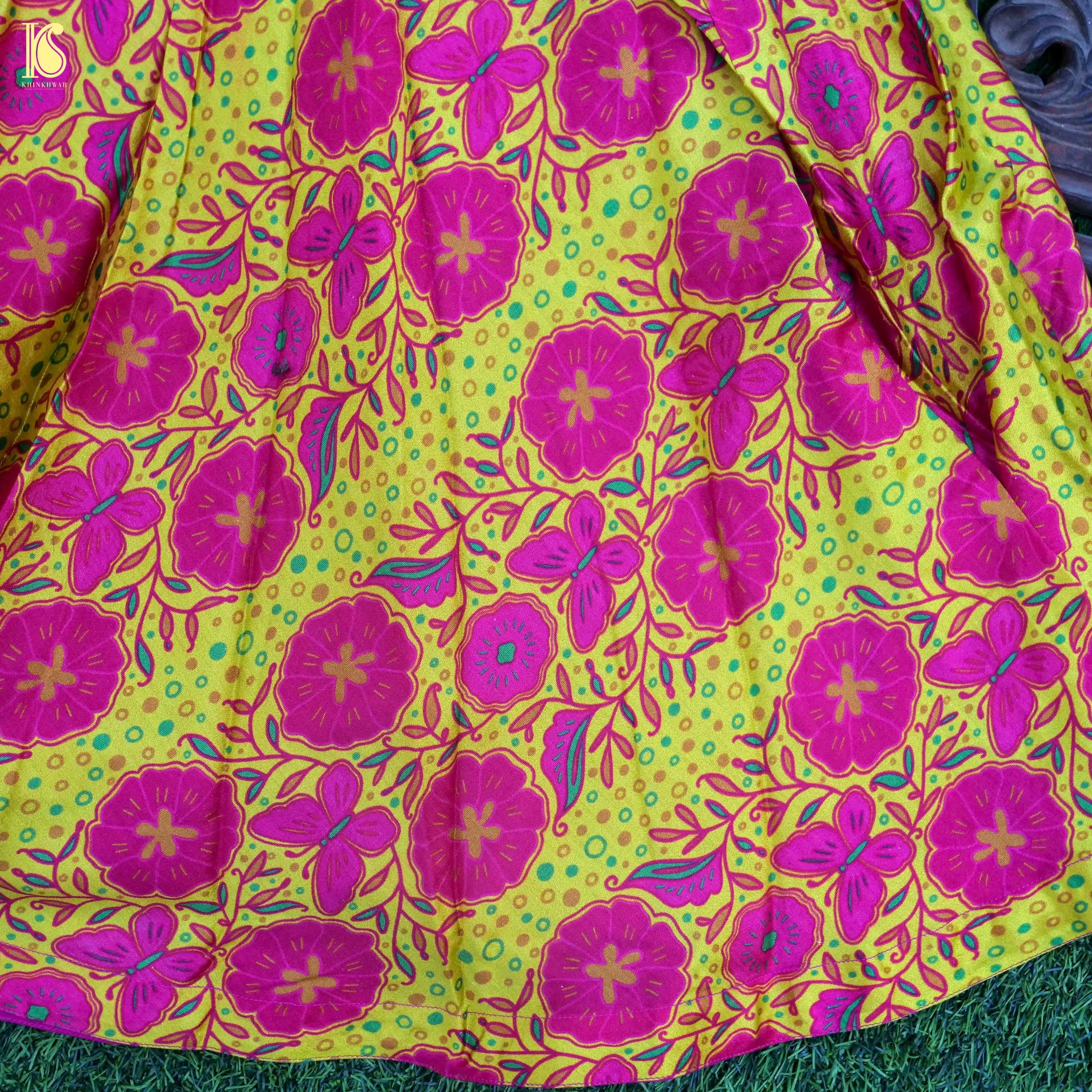Titli - Yellow & Pink Pure Chiniya Silk Kids Stitched Lehenga Set - Khinkhwab