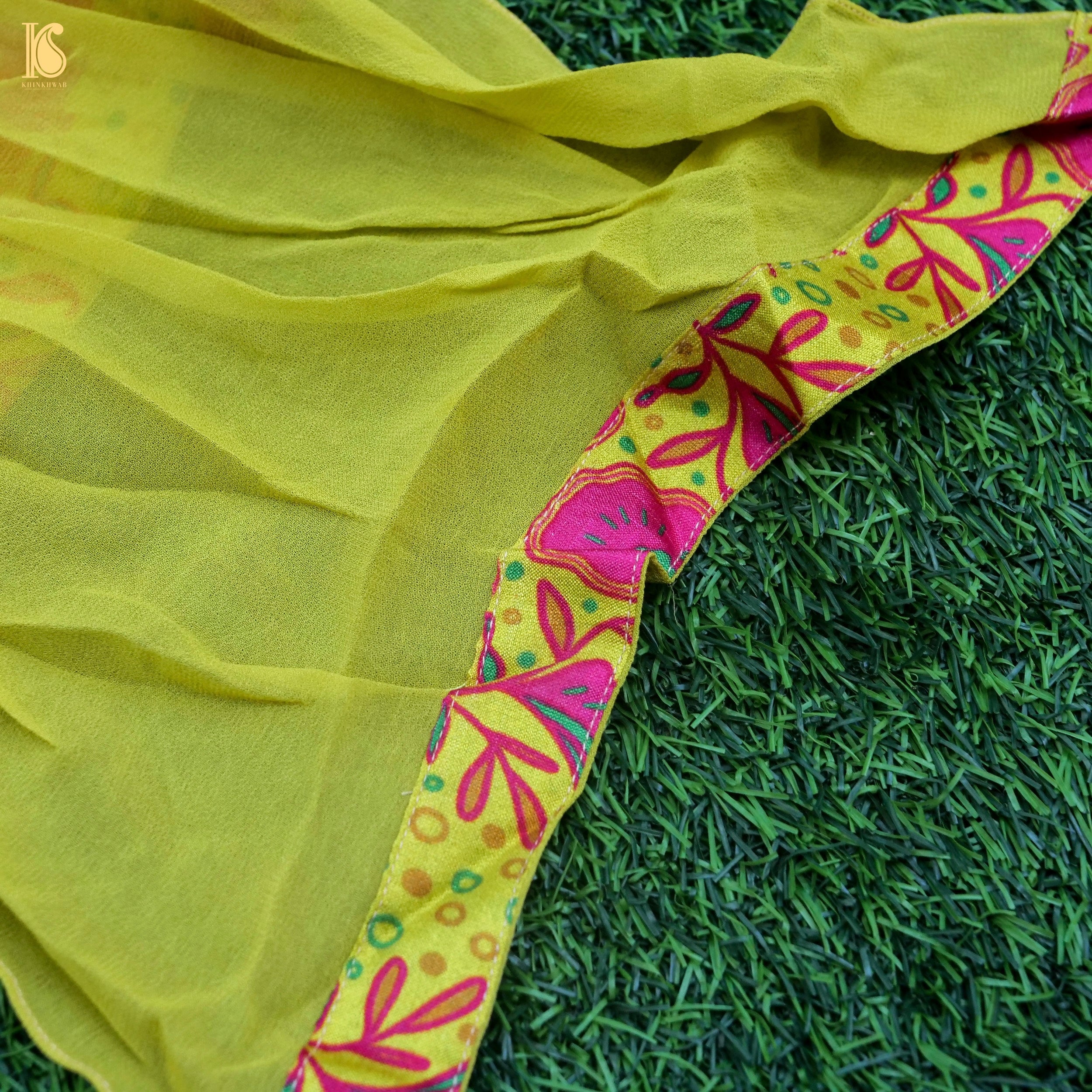 Titli - Yellow & Pink Pure Chiniya Silk Kids Stitched Lehenga Set - Khinkhwab