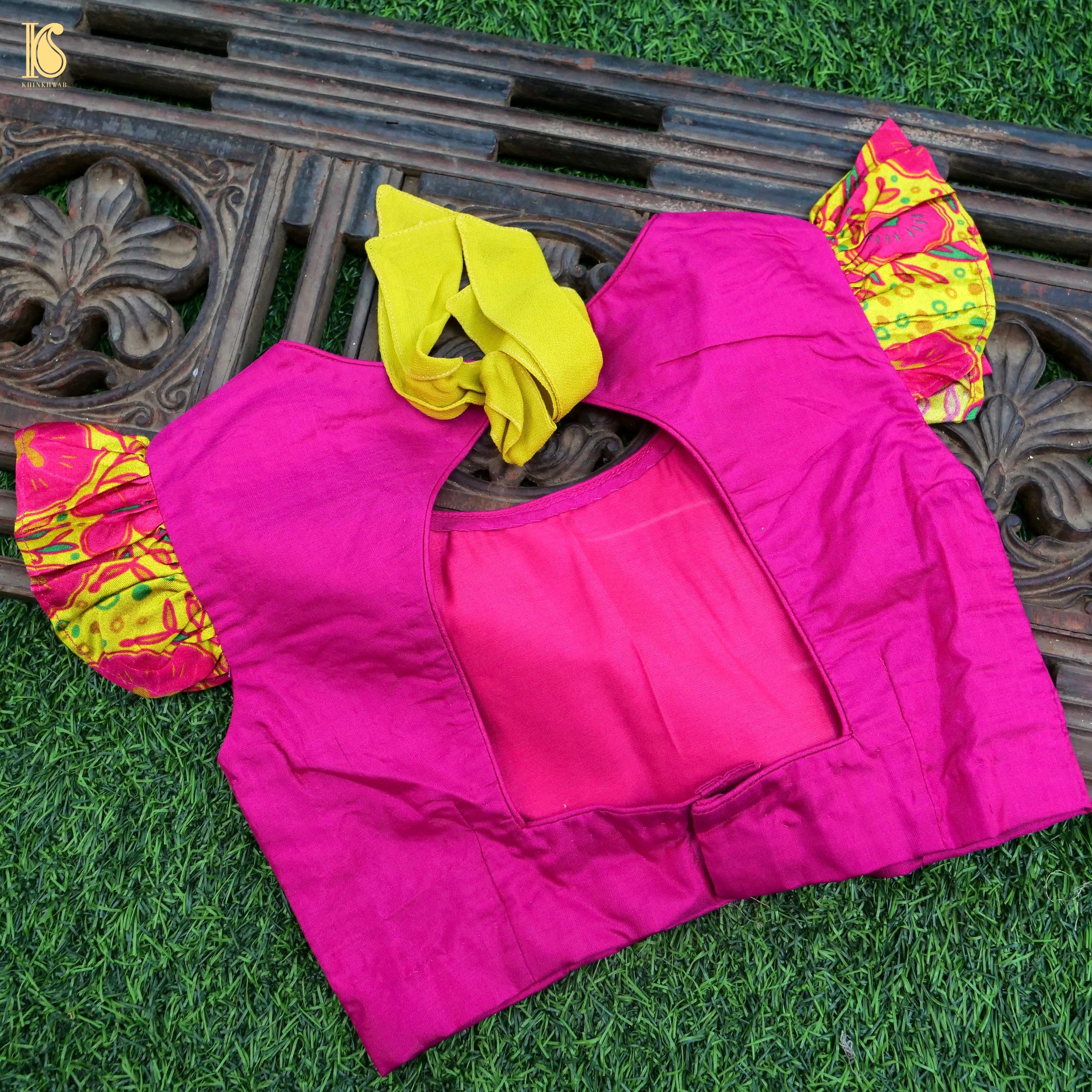 Titli - Yellow & Pink Pure Chiniya Silk Kids Stitched Lehenga Set - Khinkhwab