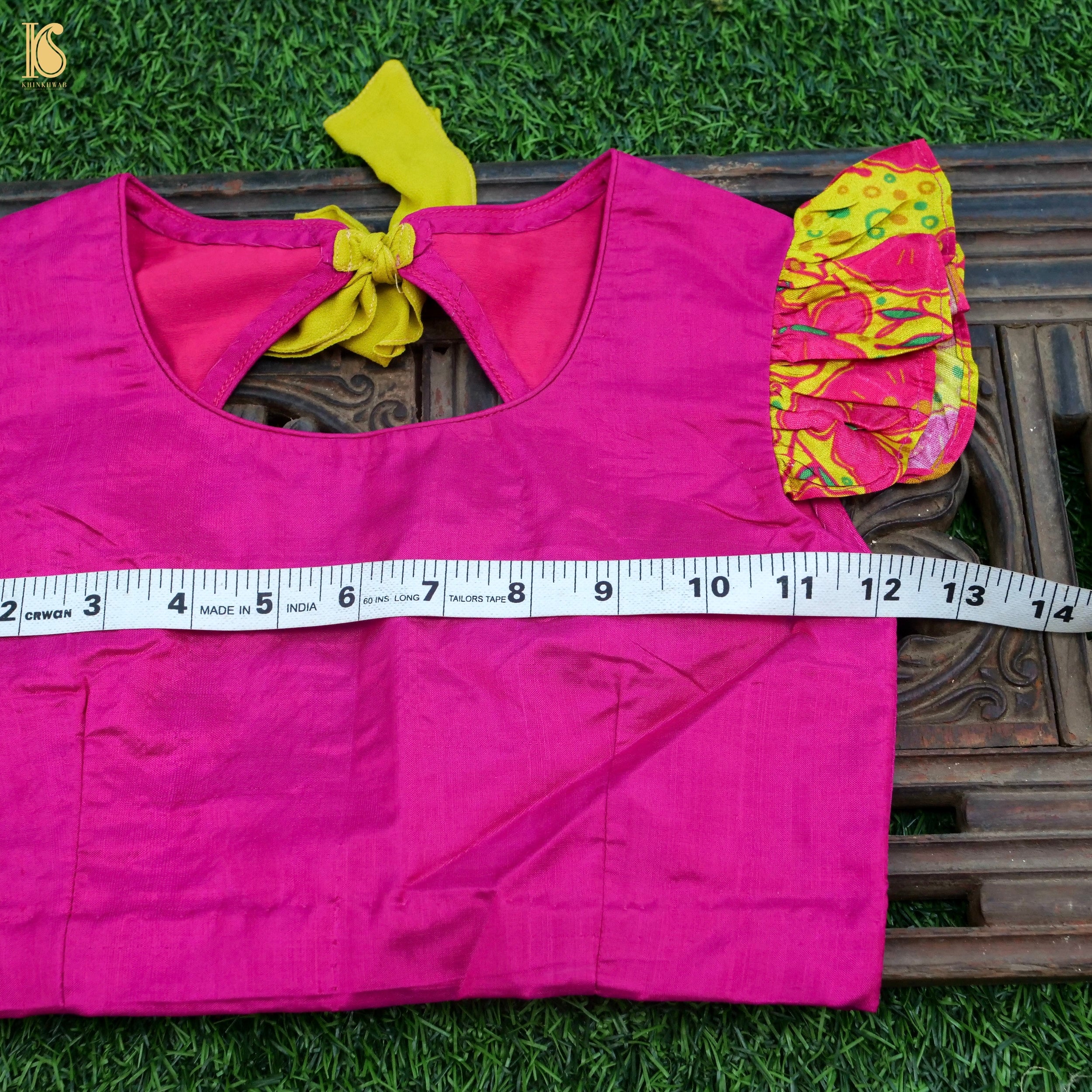 Titli - Yellow & Pink Pure Chiniya Silk Kids Stitched Lehenga Set - Khinkhwab