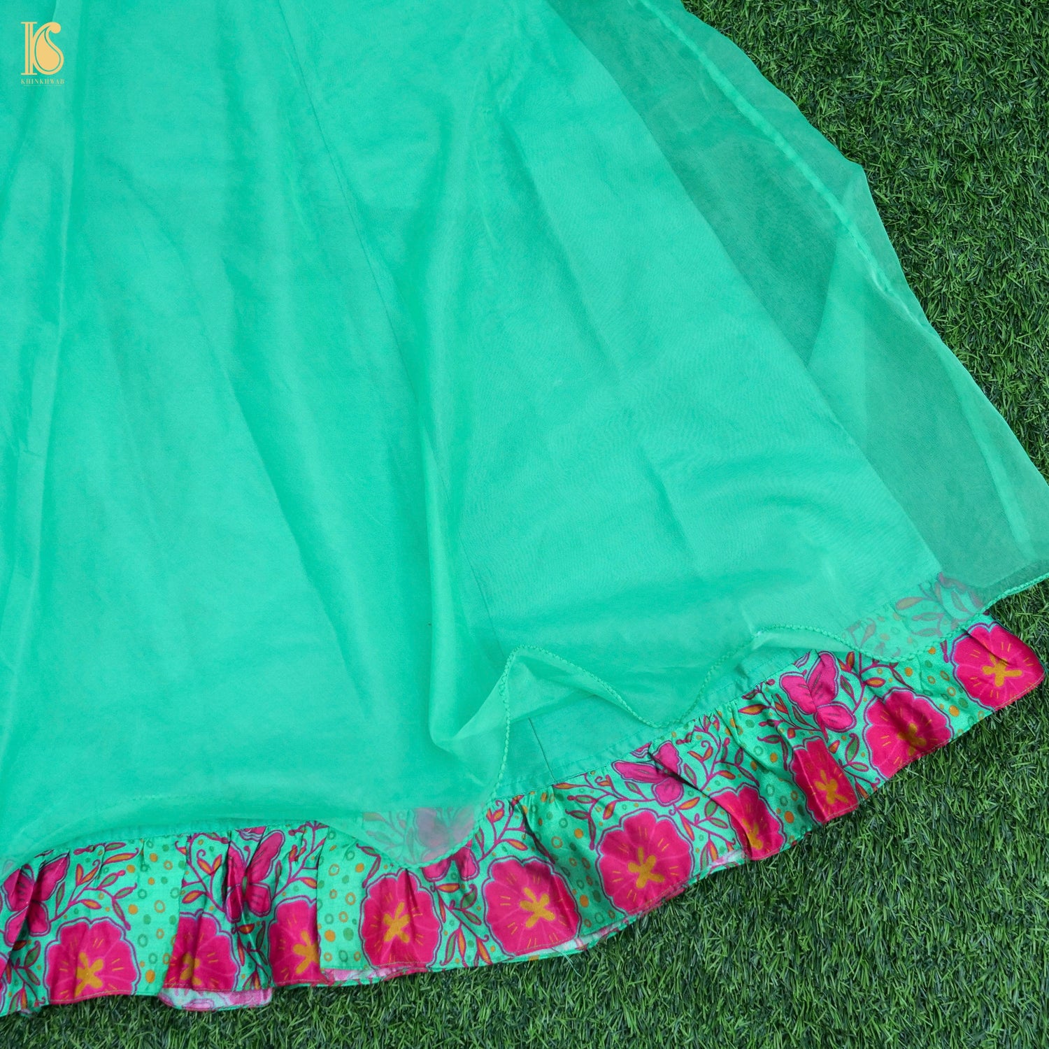 Titli - Green & Pink Pure Organza & Chiniya Silk Kids Stitched Lehenga Set - Khinkhwab